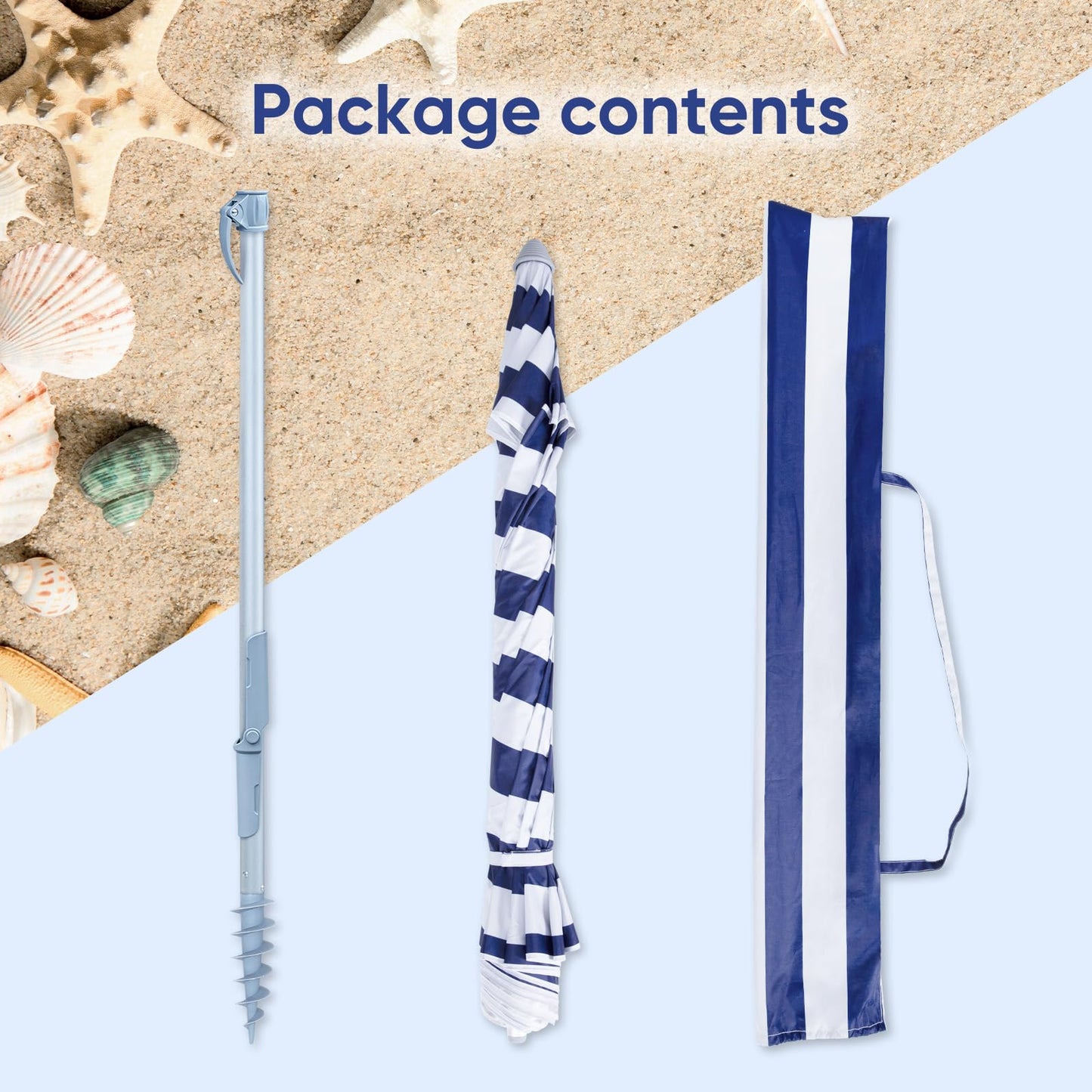 Tempera Heavy Duty High Wind Beach Umbrella with Sand Anchor & Carry Bag | Patio Outdoor Umbrella with Aluminum Frame and Push Button Tilt, Ideal for Garden Lawn, UPF 60+, Blue White Stripe