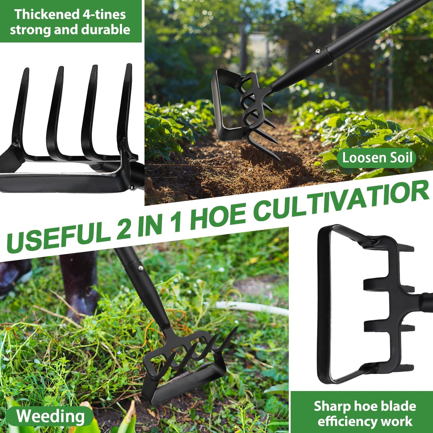 PoPoHoser Garden Hoe for Weeding, Heavy Duty Hoe Garden Tool, 62" Long Handle Stirrup Hoe Cultivator, 2 in 1 Action Scuffle Hula Push Pull Hoe Manual Weeder for Gardening Landscaping Loosening Soil