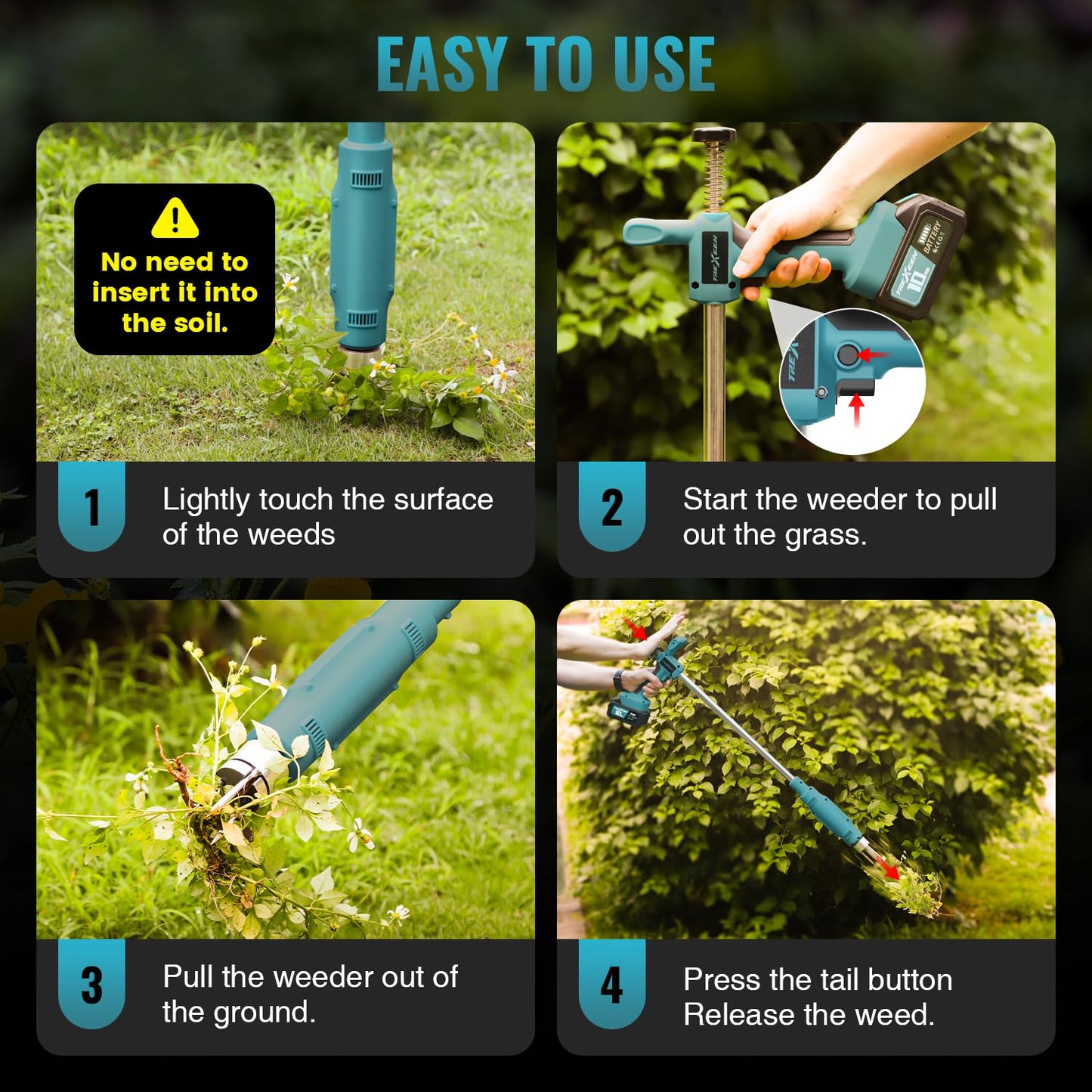 TREXEEN Weed Puller Tool,Electric Stand Up Weed Puller Tool, 21V Battery Powered w/ 2pcs 3000mAh,Heavy Duty 3-Claw Steel Root Weeder,for Dandelion Lawn Garden Yard