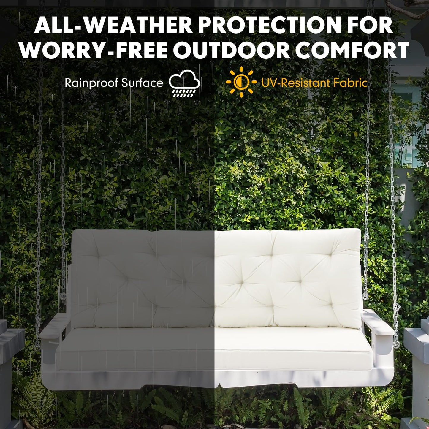 Wenqik 2-3 Seater Porch Swing Cushions with Backrest 60 x 40 x 4 Inch Thick Outdoor Waterproof Bench Pad Patio Swing Replacement Cushion, Split Design, Soft for Garden, Lawn, Backyard(Natural White)