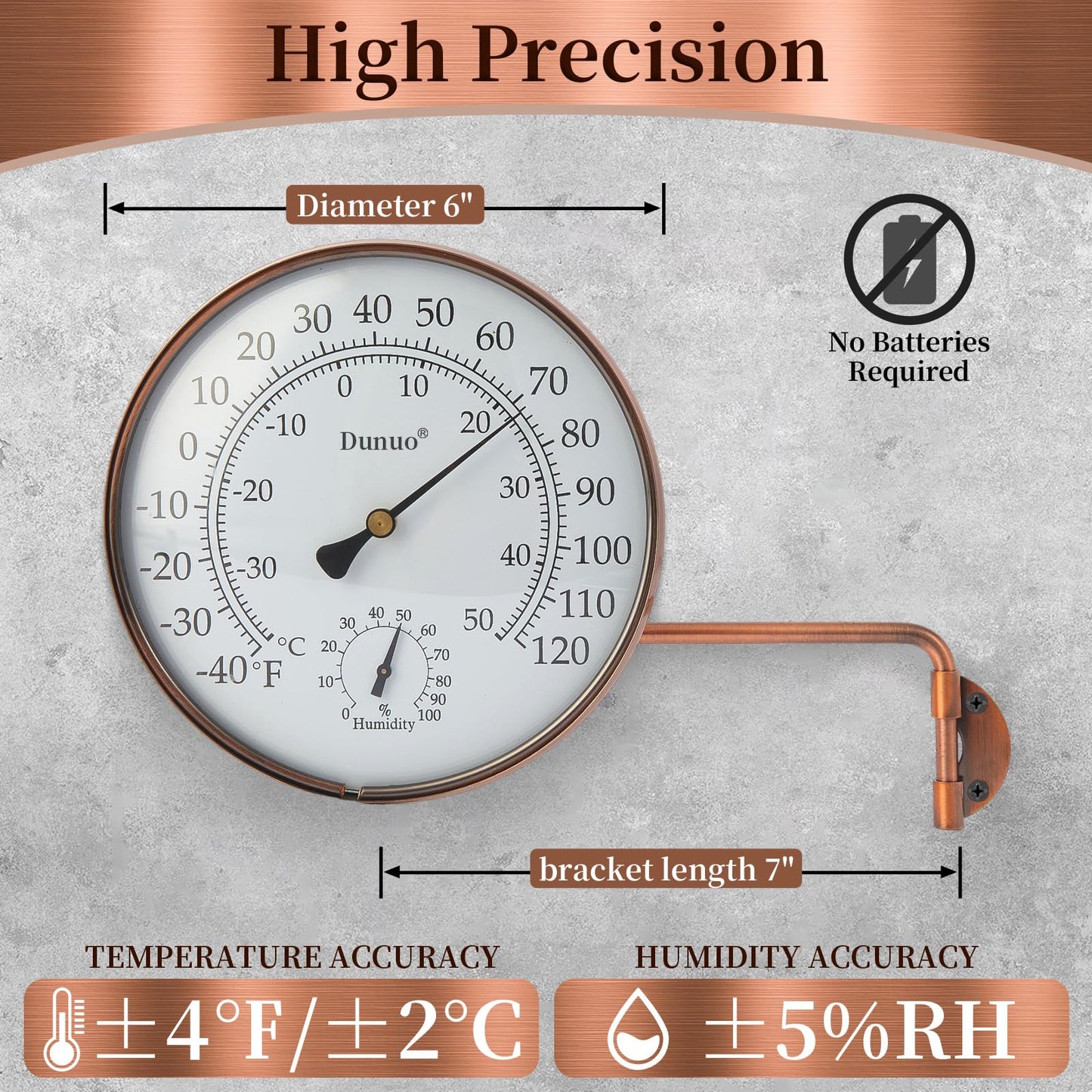 Dunuo 6" Outdoor Thermometer for Greenhouse, Garage and Patio. Weatherproof & Decorative Outside Temperature Gauge for Window, Antique Copper with Humidity (Easy-Read Brass Swivel Design)