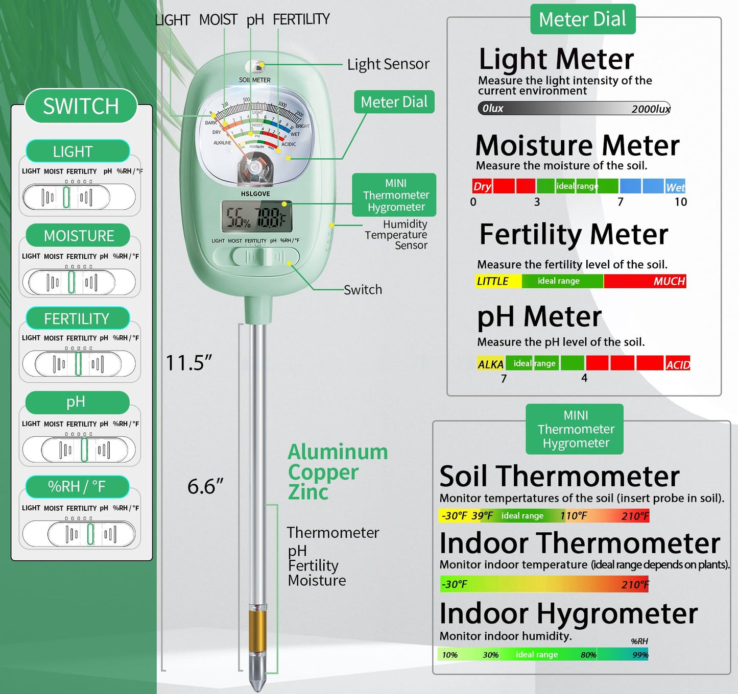 HSLGOVE Soil Test Kit, 7-in-One Soil Moisture Meter/Soil PH Meter/Fertility, Dual Screen Soil Tester w/Digital Soil Temp/Air Temp&Humidity for Plants Gardening,Lawn,Farm Indoor&Outdoor-Mint Green