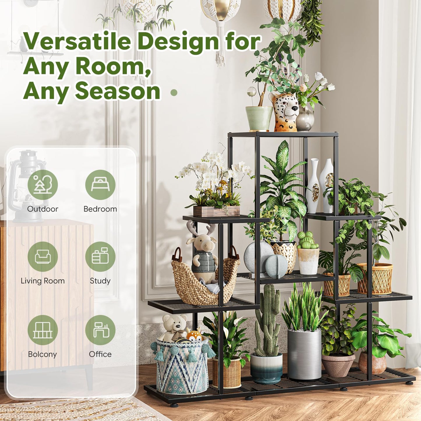 Ekisemio 5 Tier Metal Plant Stand - Heavy Duty Tall Flower Pot Holder Rack for Indoor Outdoor, Corner Display Shelf for Patio Balcony Living Room, Black