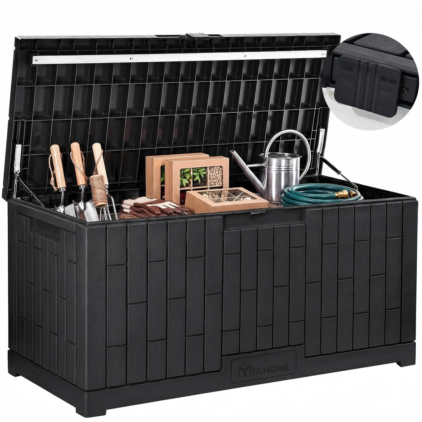 YITAHOME Large Deck Box 120 Gallon Resin Outdoor Storage Box with Slide-Locking Lid, Patio Storage Bin and Bench Seat for Outdoor Pillows, Garden Tools and Pool Supplies, Waterproof Lockable, Black