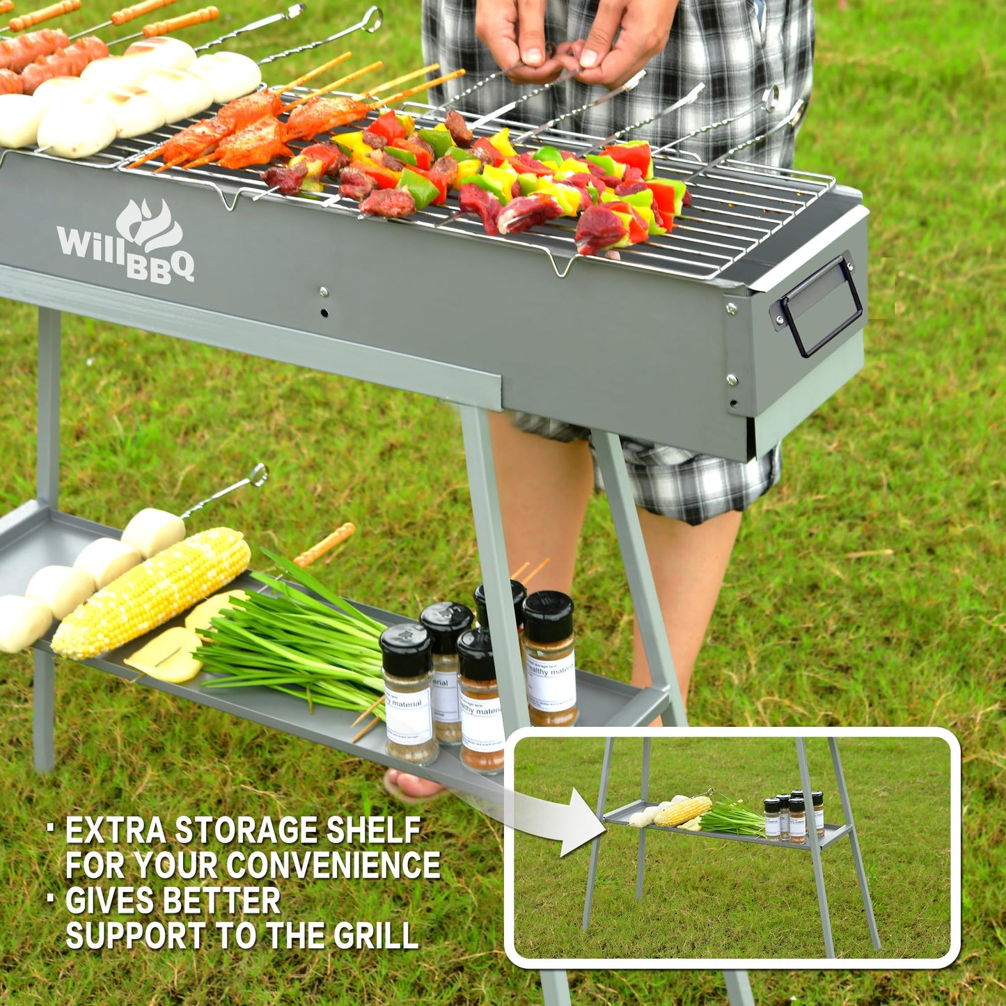 WILLBBQ Charcoal Grills Commercial Quality Portable Hibachi BBQ Lamb Skewer Detachable Camping Barbecue Grill for Backyard Outdoor Cooking Use(31.6x7.1x5.1 inch)