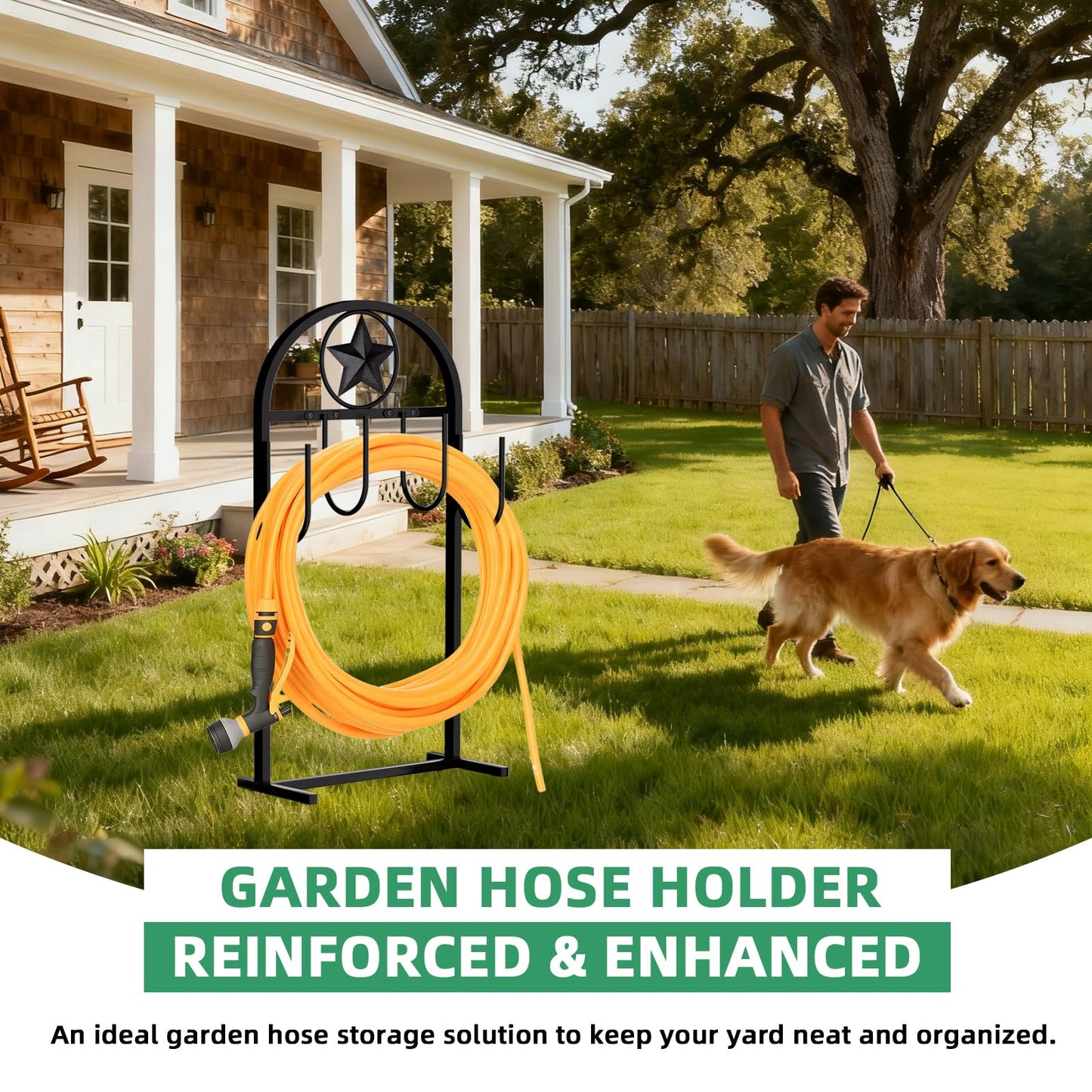 SHOMEXTOL Garden Hose Holder - Upgraded Sturdy Hose Pentagram Holder, Freestanding Heavy-Duty Hose Reel, Sturdy Water Hose Holder and Hose Storage for Outside, Lawns and Yards,Black