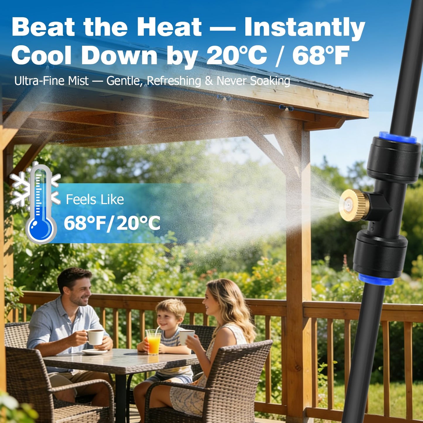 Mellbree Misters for Outside Patio 30FT/9M, Pre-Assembled Misting Cooling System with 8 Brass Nozzles & 3/4" Adapter, Outdoor Mister for Backyard, Garden, Greenhouse, Chicken Coop, Dog House