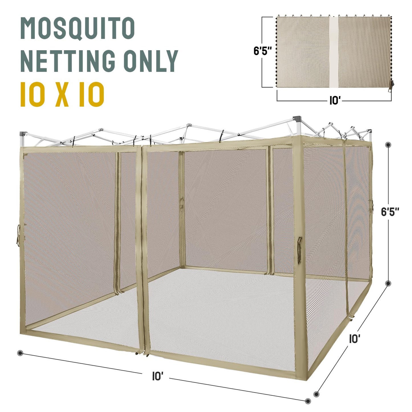 CROWN SHADES Gazebo Mosquito Net Only for 10 x 10 Pop Up Canopy - Patio Gazebo Replacement Mesh Sidewall with Zipper for Outdoor Tent, Garden and Backyard (4-Piece,Khaki)