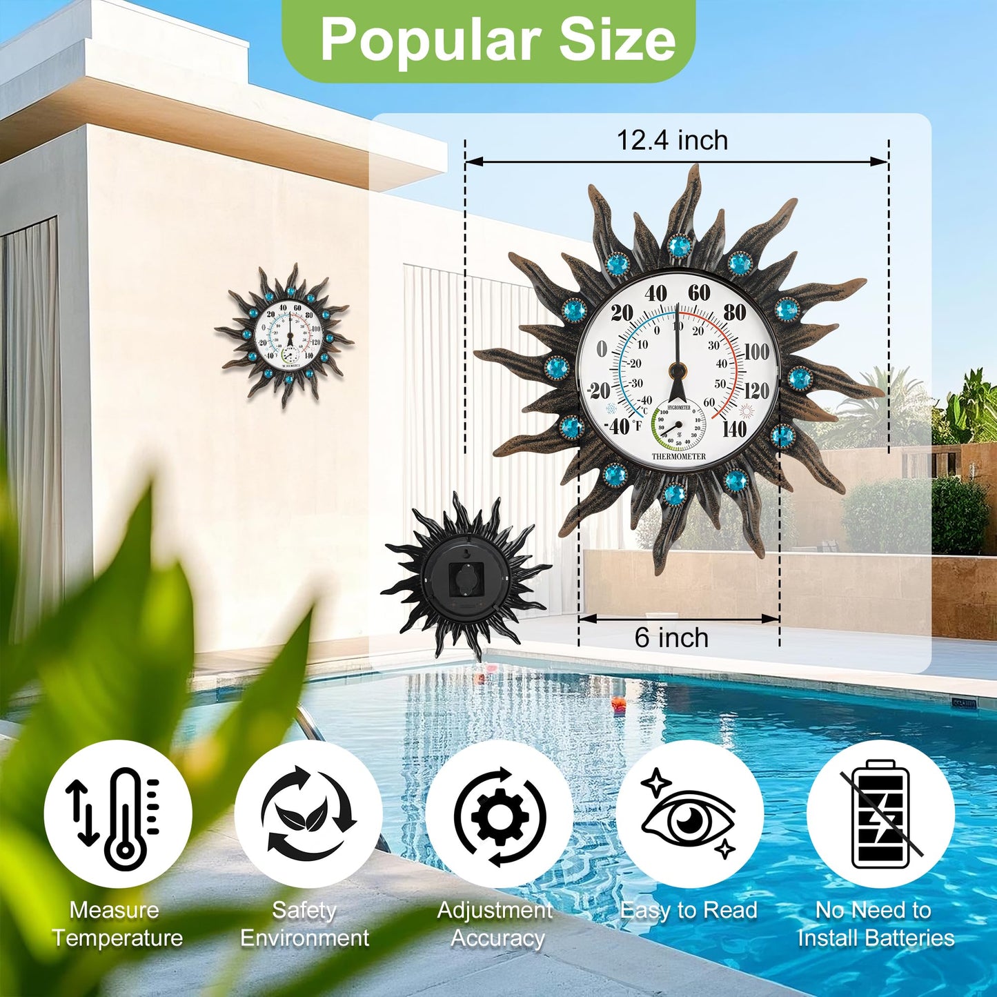 Indoor Outdoor Thermometer, Hummingbird Wall-Mounted Outdoor Thermometers Waterproof Decorative for Patio, Garden, Yard, Room, Large Number Easy to Read No Batteries Required