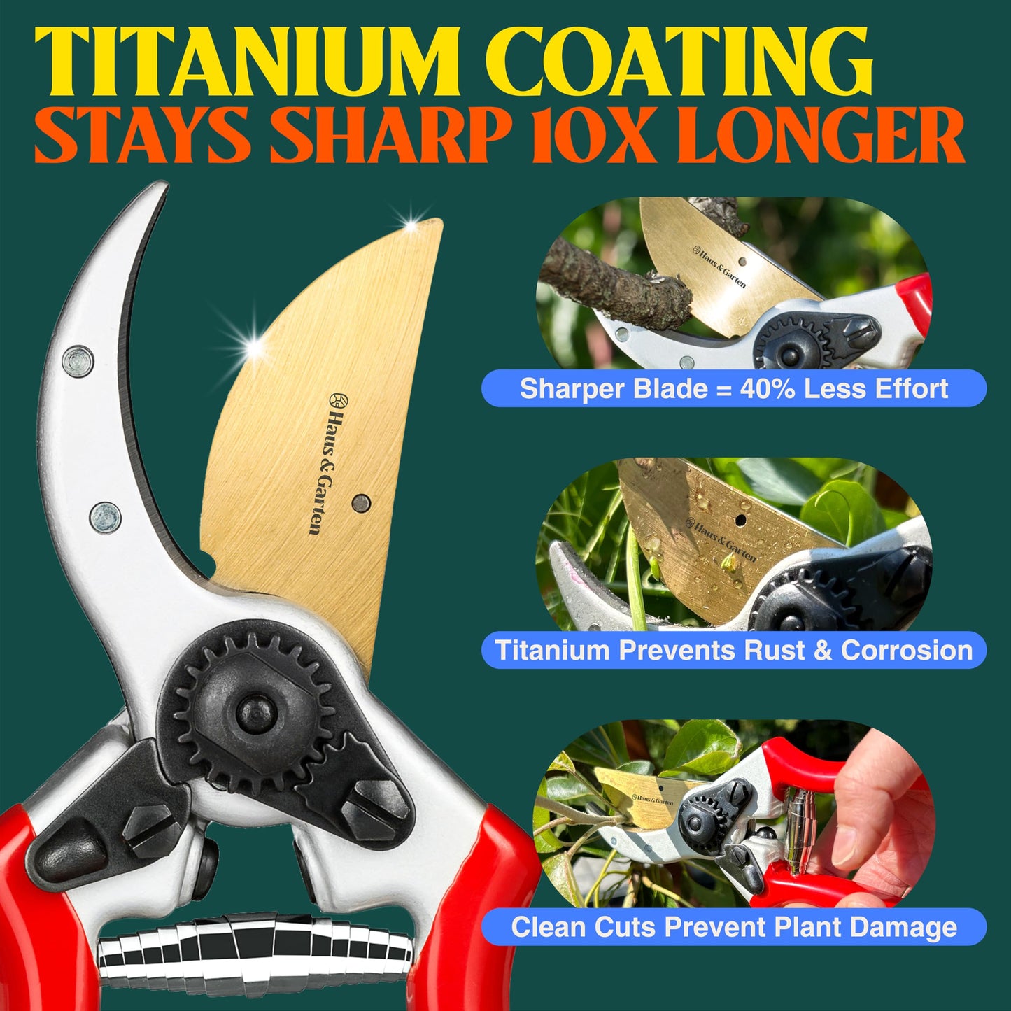 Haus & Garten ClassicPRO 8.5" Professional Premium Titanium Bypass Pruning Shears - Use As Pruners, Garden Shears, Heavy Duty Handheld Pruning Shears For Gardening, Clippers, Pruner Scissor Tool