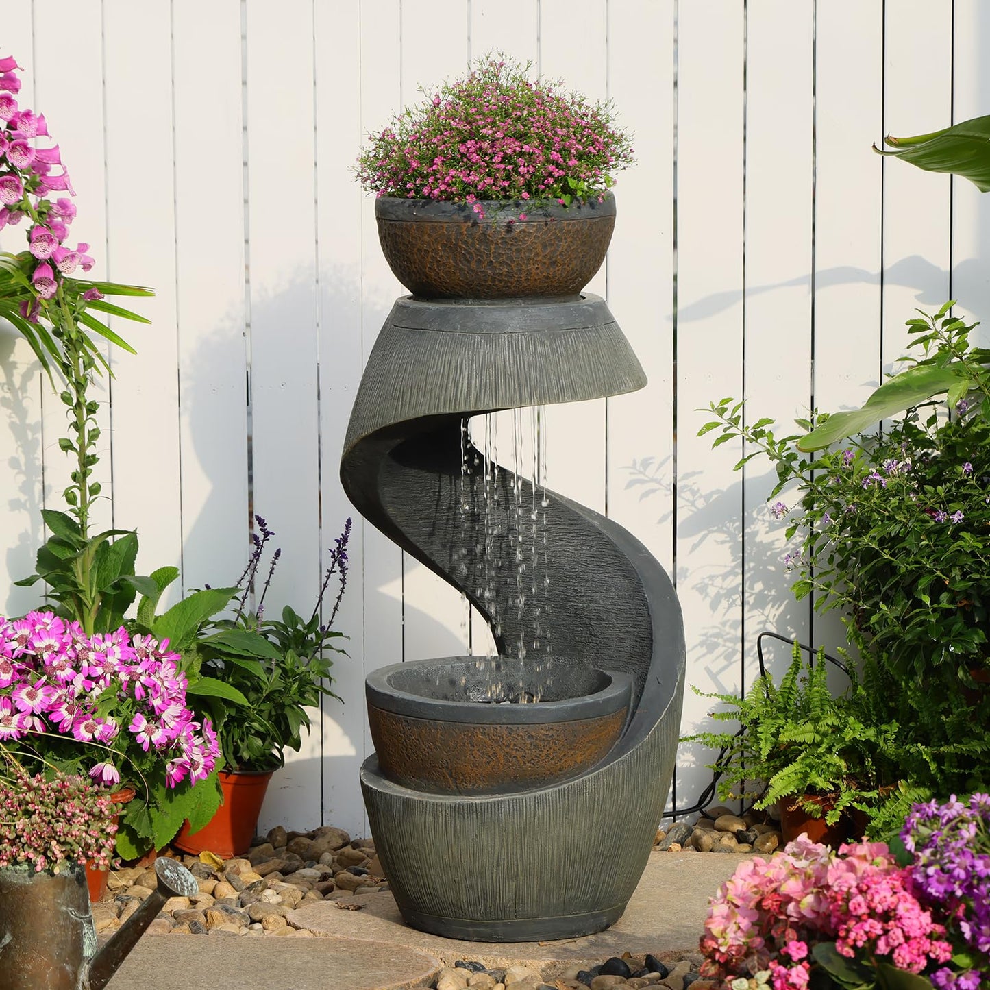 Sunlinua 31.9" S-Shaped Water Outdoor Fountain–Modern Cascading Waterfall Feature with LED Lights & Planter Bowl, Garden Fountains Outdoor for Patio, Balcony, Yard or Home Decor, Resin Waterfall