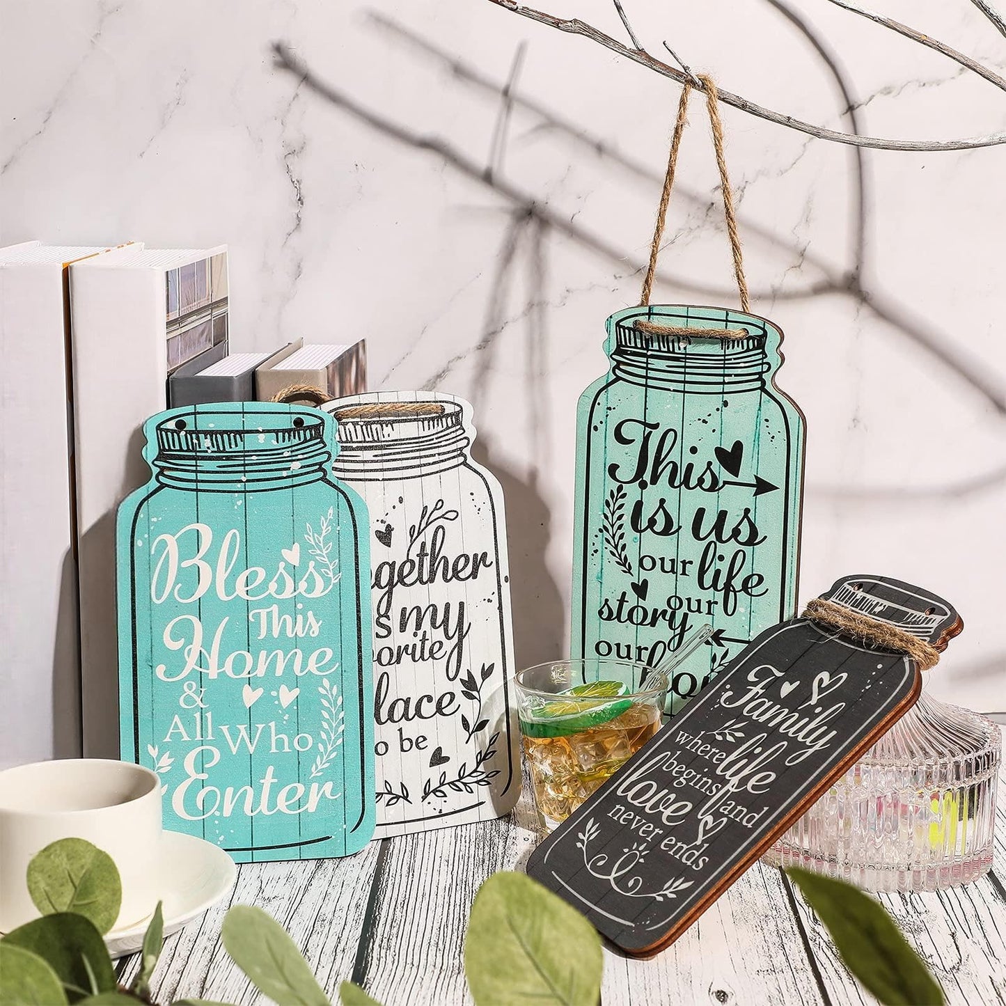 Jetec 4-Piece Mason Jar Wall Hanging Plaque Set - Rustic Farmhouse Decor Signs - Bless This Home, Family, Together, Love, Life, Home, Forever - Wooden Wall Mount - Approx. 8.3 x 4.5 x 0.24 Inches