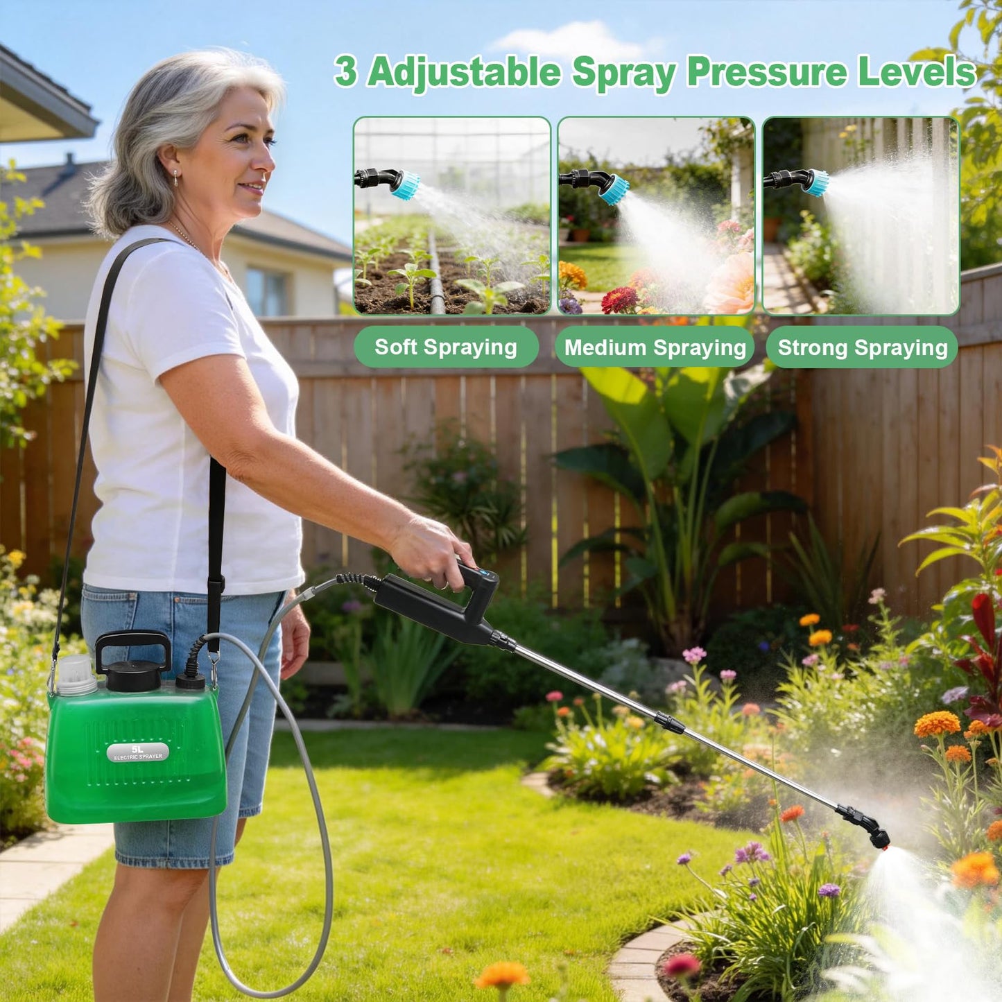 SideKing Battery Powered Sprayer 1.35 Gallon, 3 Adjustable Pressure Electric Weed Sprayer with Battery Indicator, Telescopic Wand & 4 Nozzles, Rechargeable Garden Sprayer for Lawn, Yard & Pest Control