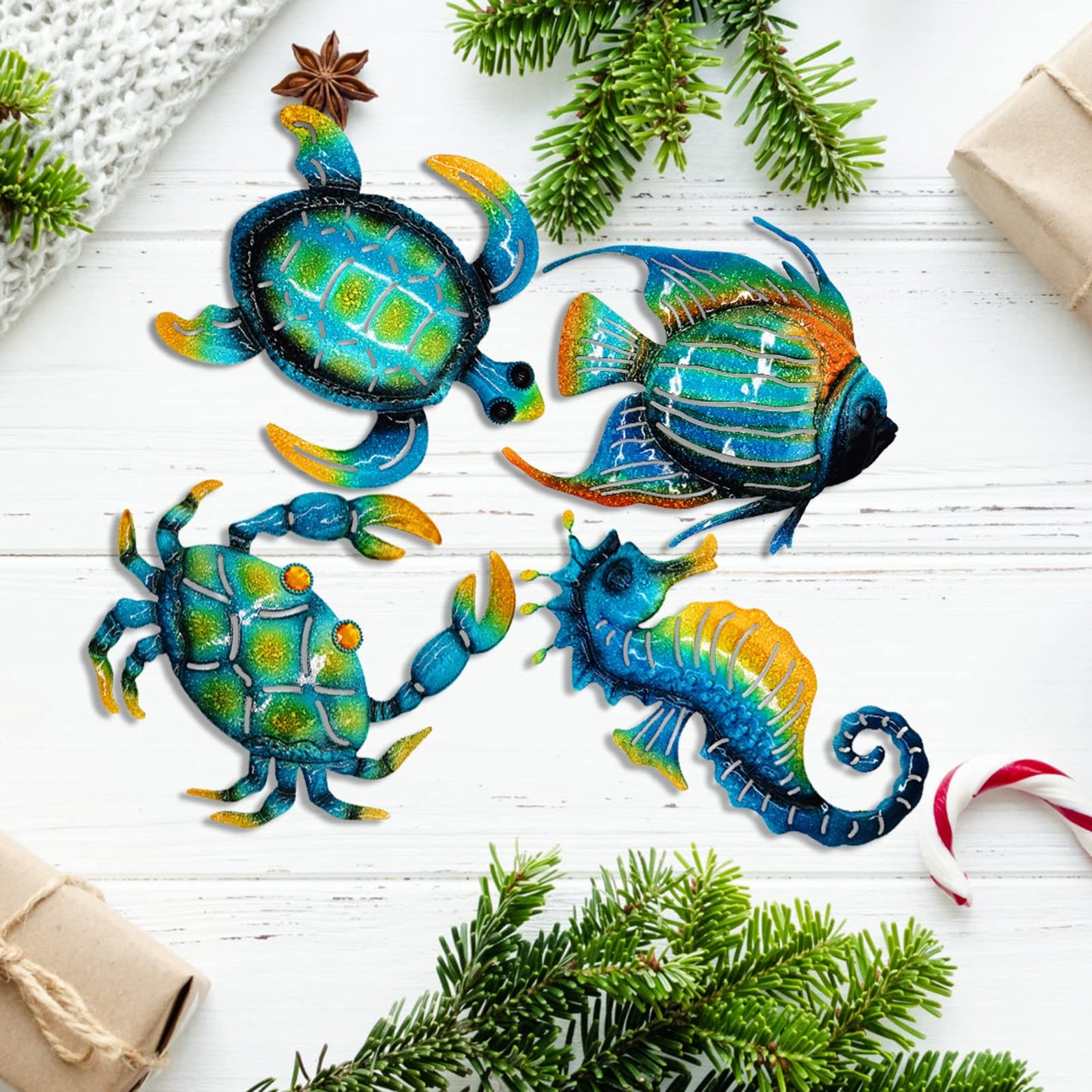 Meduofon Set of 4 Metal Outdoor Wall Art Decor, Blue Turtle Fish Crab and Seahorse Suitable for Beach Ocean Pool Decor, Metal Yard Fence Garden Children Room Bathroom Livingroom Wall Decoration