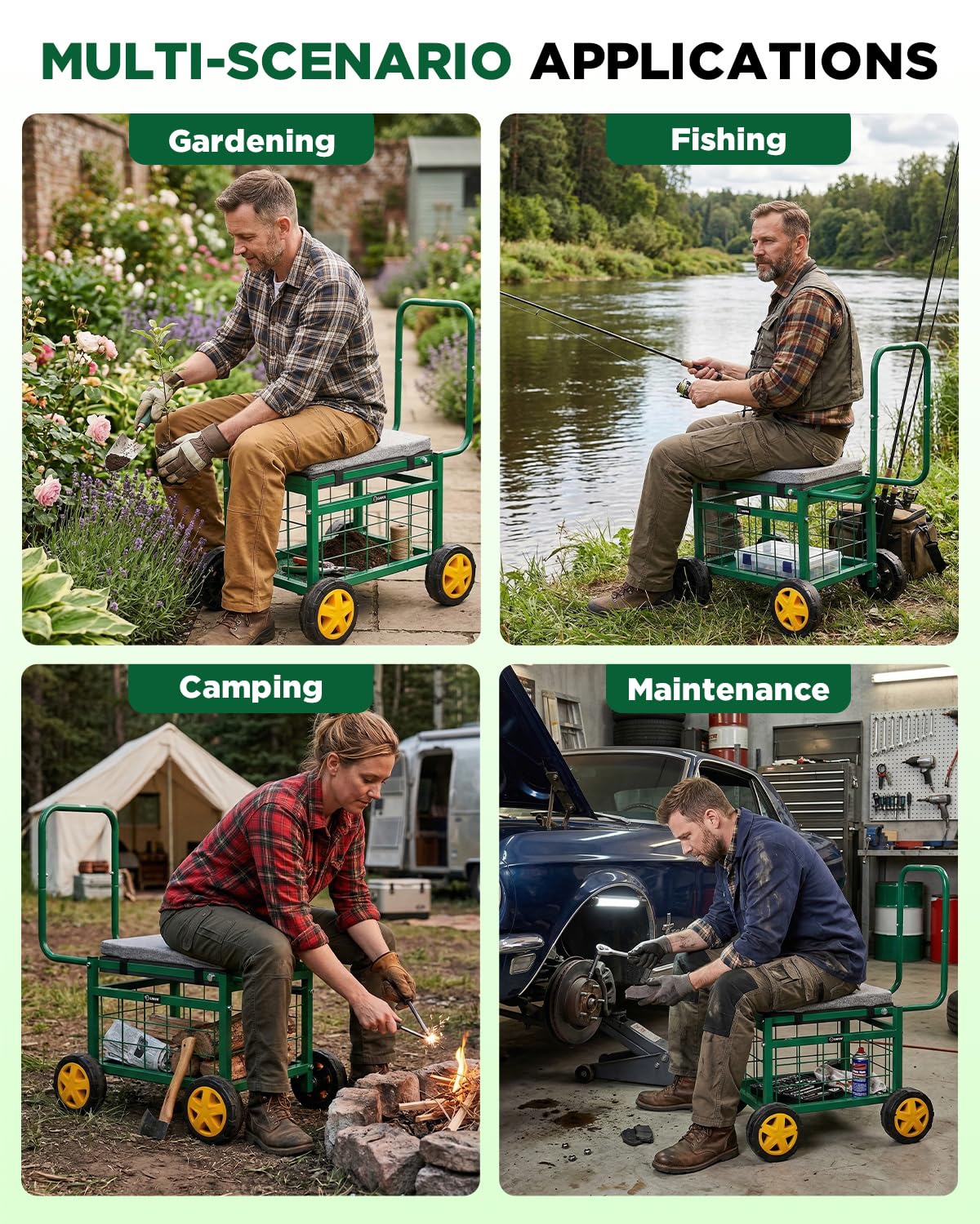 Saker Rolling Garden Cart with Seat & Wheels - 15.7'' EVA Padded Rolling Stool, 500 lb Steel Frame, Large Storage Basket - Garden Wagon Workseat for Patio Lawn Yard (Luxury Version)