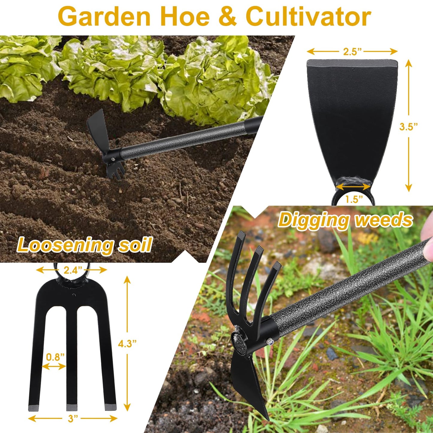 Lilyvane Garden Hoe, 2 in 1 Hand Hoe Garden Tools,45 Inch Long Handle,Garden Hoe and Cultivator for Weeding Cultivating Planting, Small Hand Rake Tiller for Flower Bed Gardening, Loosening Soil