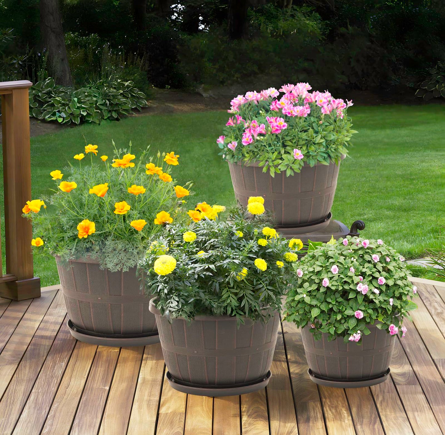 Quarut 10 inch Plastic Flower Pots for Outdoor Plants,4 Pack Large Outdoor Planter Pot with Drainage Holes & Saucers,Imitation Wine Barrel Design,for Indoor Outdoor Garden Plants(Brown)