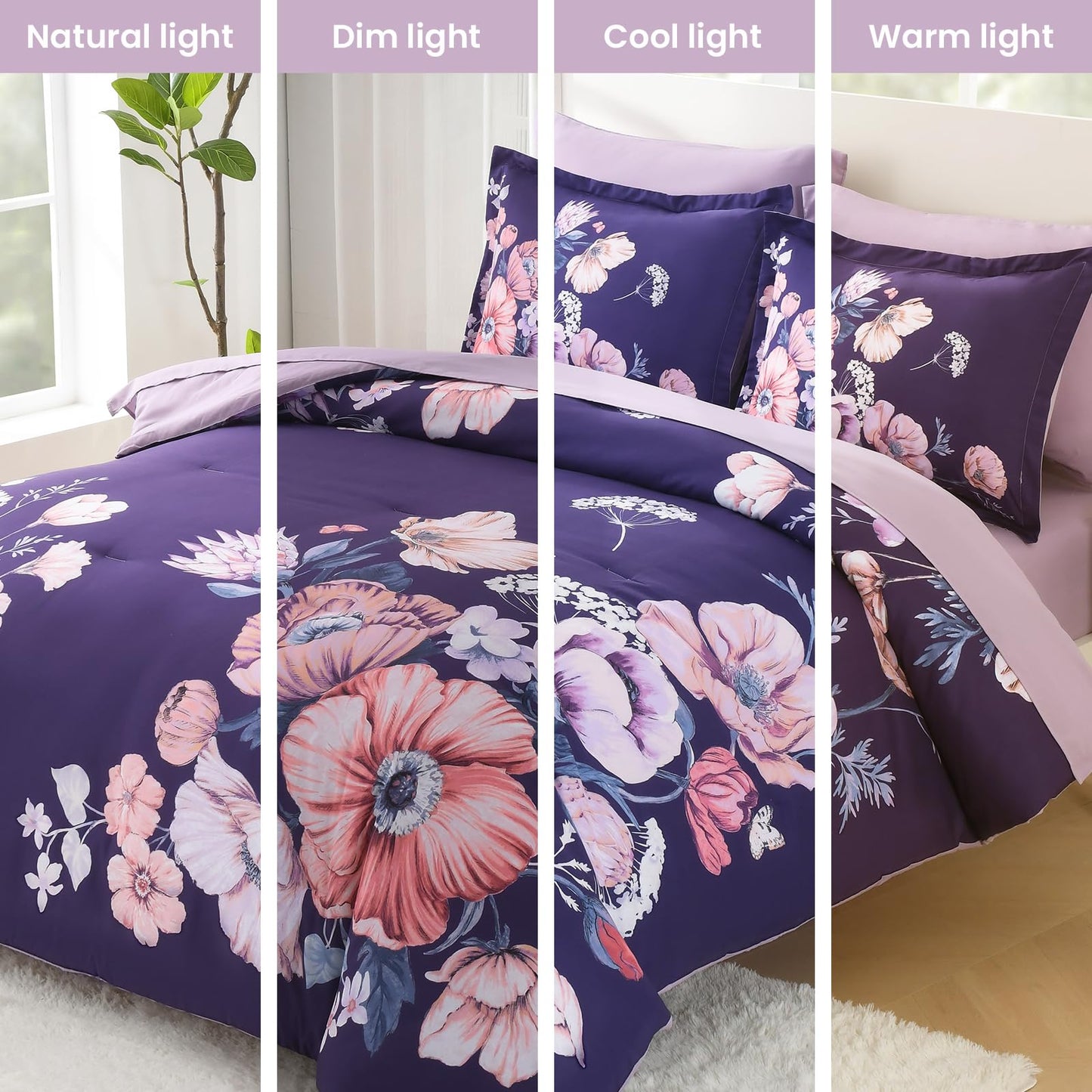 LLDSYW Queen Comforter Set - 7 Pieces Bed in a Bag Dark Purple Floral Queen Comforter Set with Sheets, Soft Microfiber Flower Complete Bedding Set for All Seasons(Dark Purple,90"x90")