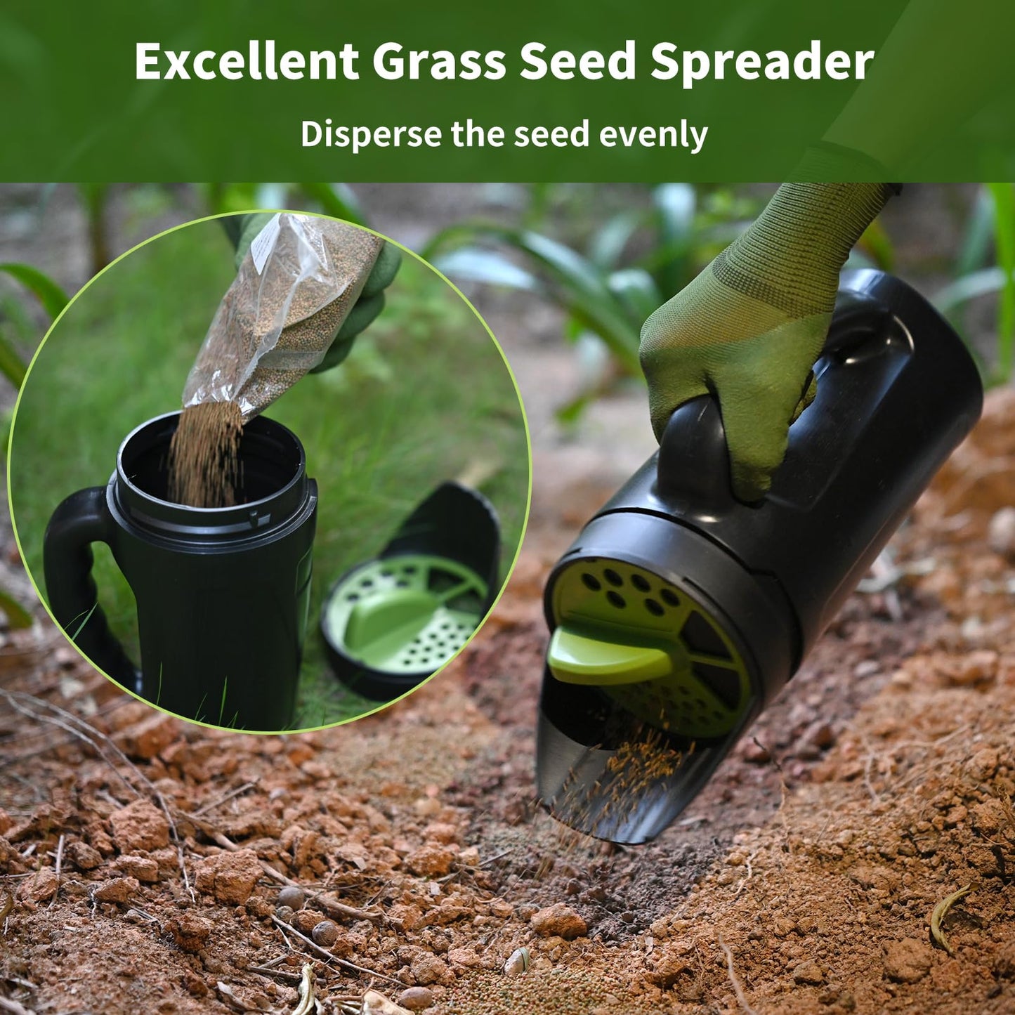 PERSZEN Seed Spreader Hand Held, Hand Spreader Lawn and Garden for Fertilizer Grass Seed Salt Ice Melt Earth Food, Seed Shaker with Multiple Adjustable Opening Sizes for All Purpose, Up to 80 Oz