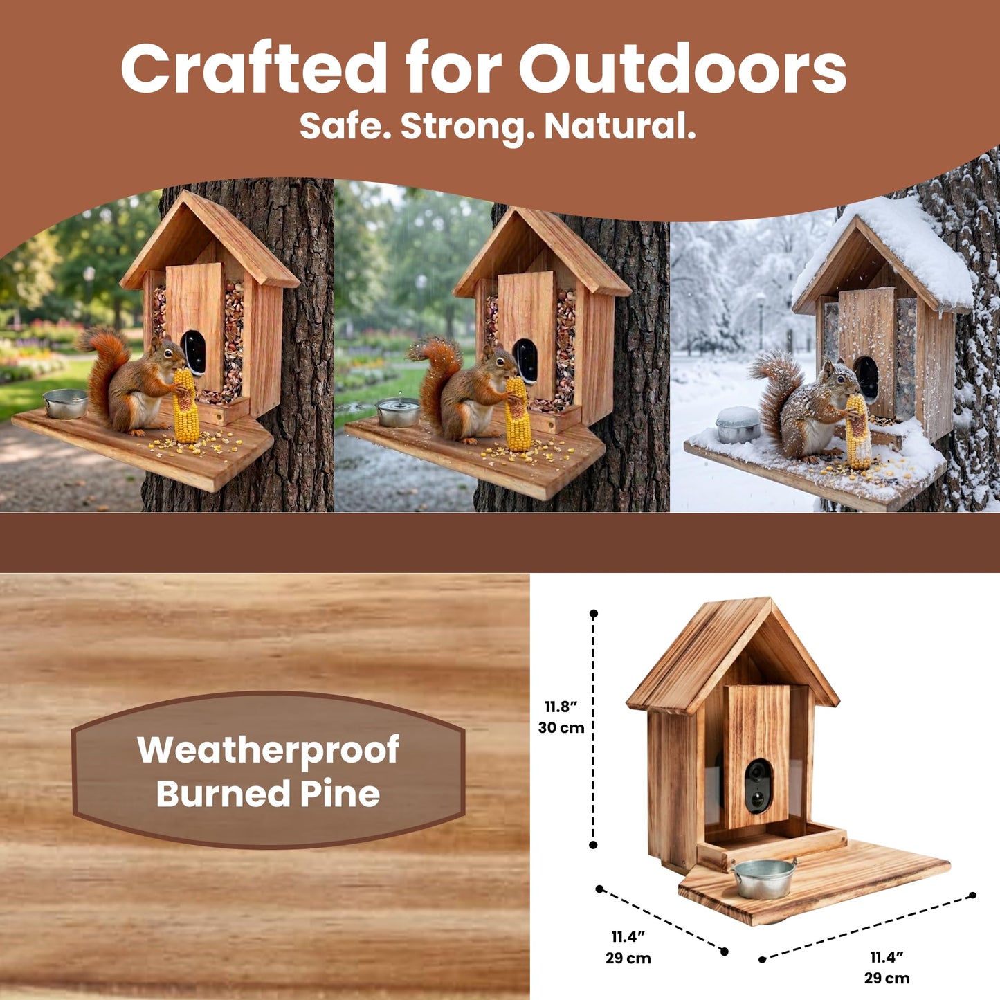 FAUBIC Squirrel Feeder with Camera - Includes Solar Powered Panel - Burned Pine Squirrel House with Anti-Chew Cable Protector - Smart Squirrel Feeder 160° HD Night Vision - 2.4Ghz WiFi Squirrel Camera