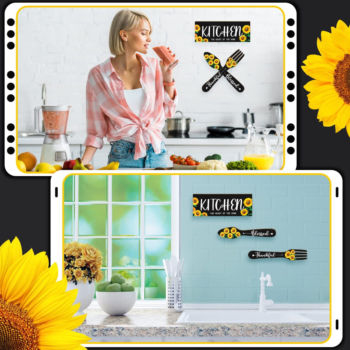 Yerliker 3 Pieces Sunflower Kitchen Decor Hello Summer Blessed Thankful Wooden Hanging Eat Signs Fork and Spoon Summer Farmhouse Wall Art Decor for Kitchen Home (Black, 13.78 x 5.12 Inch)