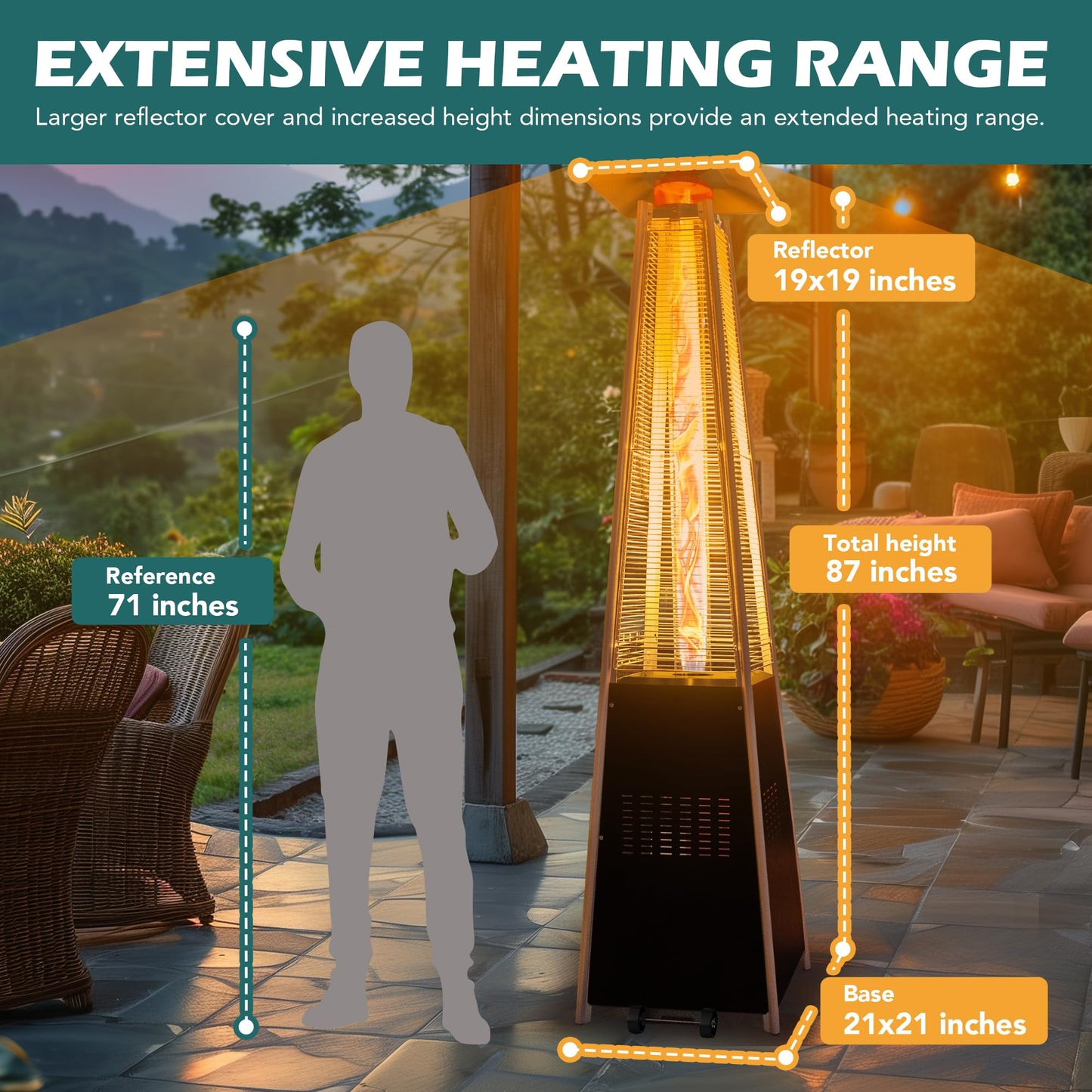 PATIOPIA 48,000 BTU Flame Pyramid Pool Heater With Cover, Triple Safety Protection Portable Patio Heater with Patio Cover, Warm Glass Tube with Durable Wheels-Black