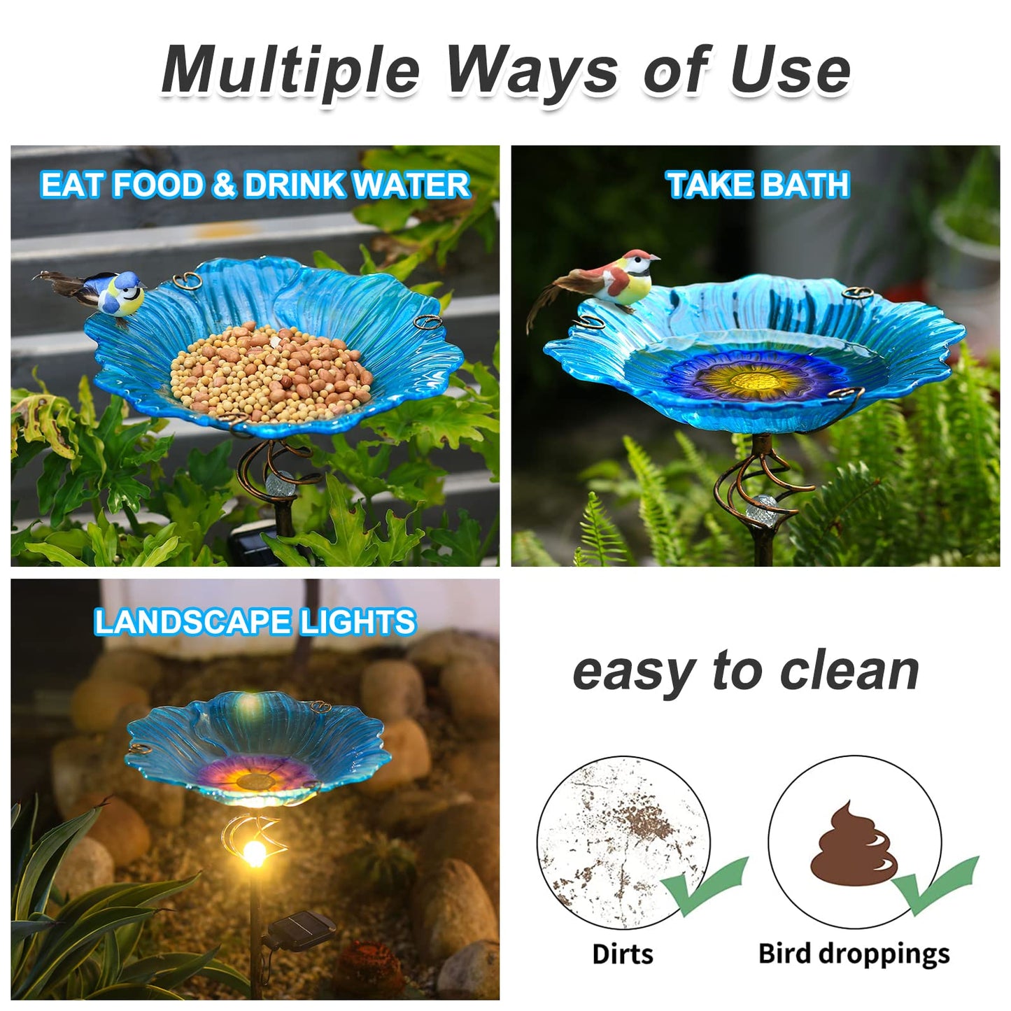 Homight Solar Glass Blue Bird Bath, Yard Art,Garden Outdoor Birdbath with Metal Stake with White LED Light Metal Stake Garden Decor Gifts