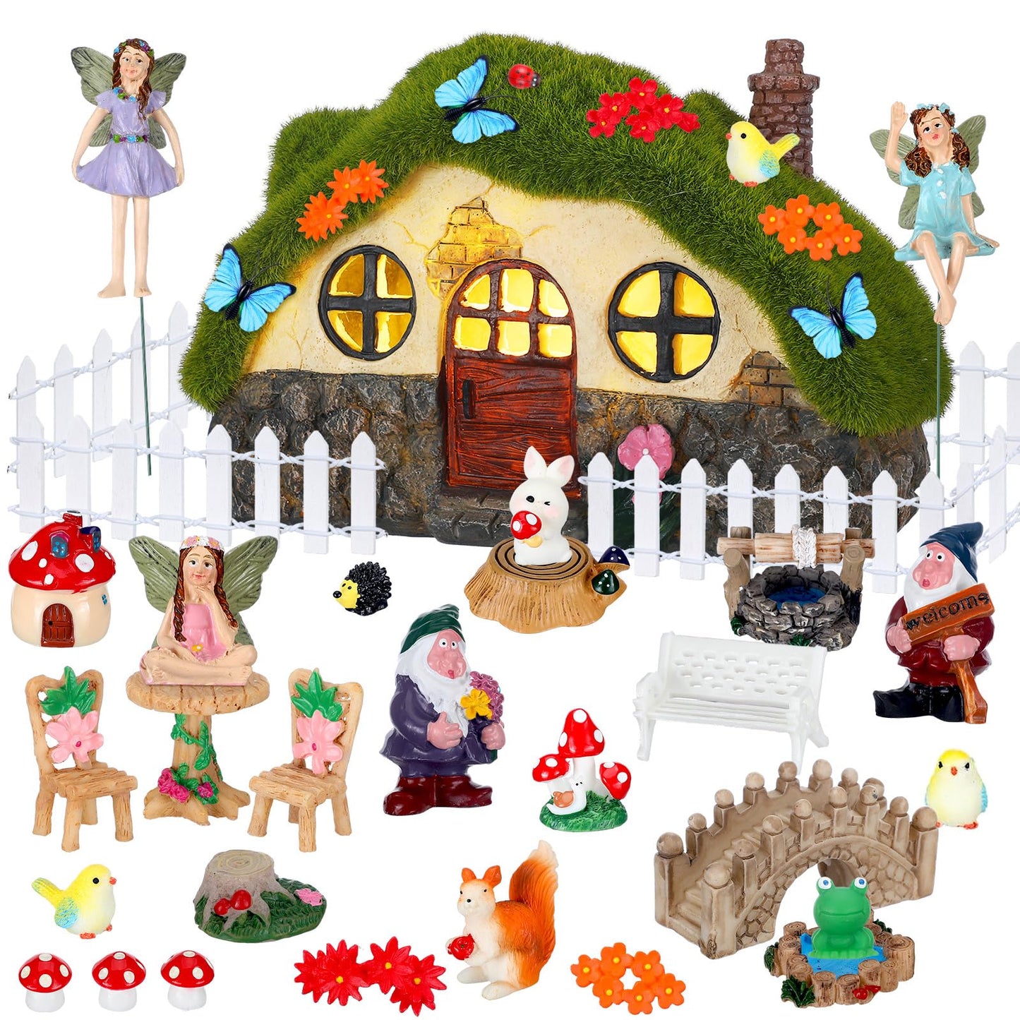 Suzile 50 Pcs Solar Fairy House Garden Accessories Light up Flocked Fairy House Garden Kit Green Resin Miniature Mushroom Figures Micro Landscape Ornament(Stone House)