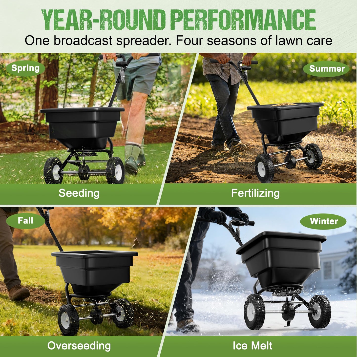 PPOLB Fertilizer Spreader 100LB Capacity, Walk-Behind Push Broadcast Spreader with Hopper Screen & Rain Cover, 0–10FT Spreading Width, Seed & Salt Spreader, 12" Pneumatic Wheels, 30-Level Flow Control