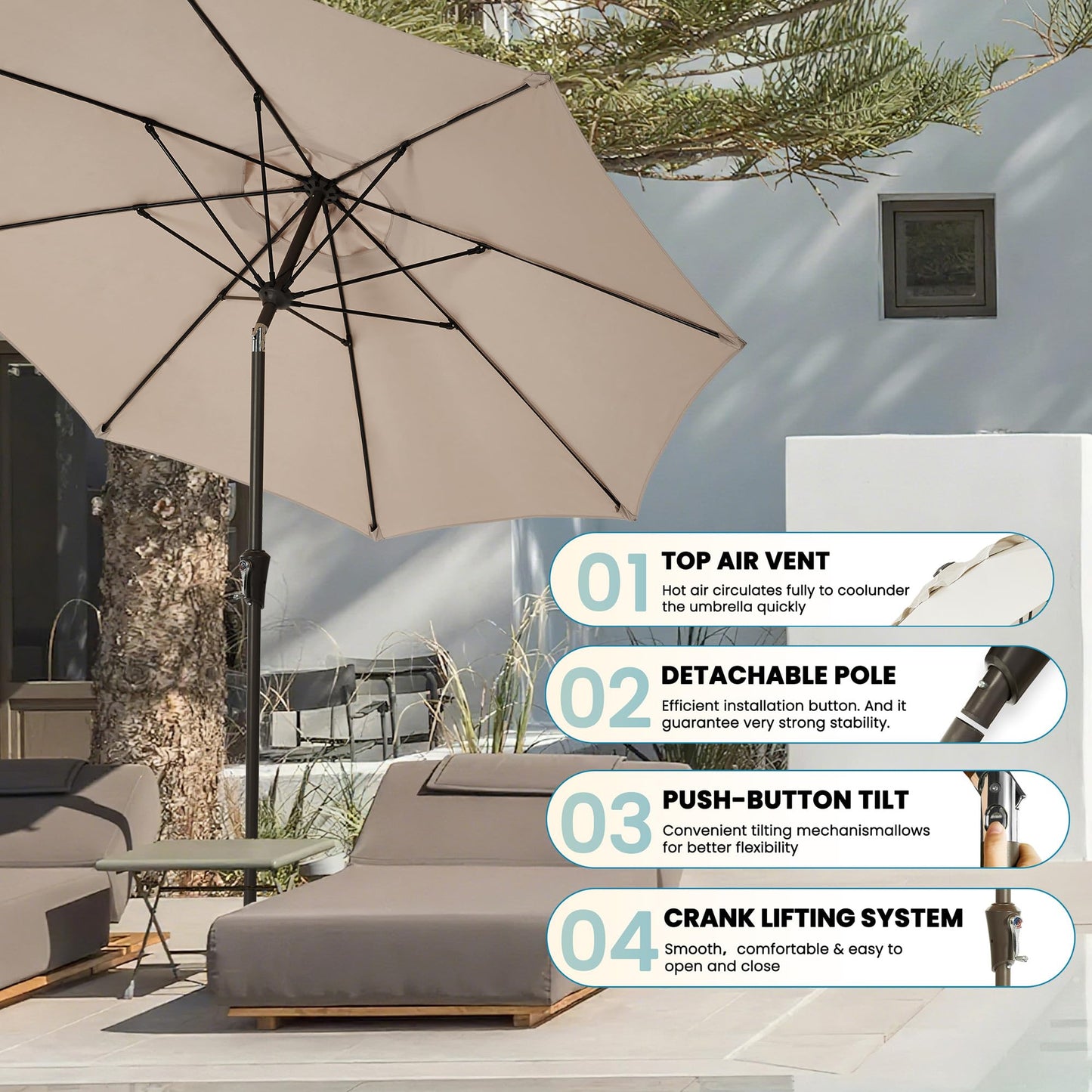 GREFORG 9FT Large Outdoor Patio Umbrella Market Table Umbrella-UV Resistant, Easy Push Button Tilt and Crank, 8 Sturdy Ribs Heavy-Duty Pool Umbrella for Deck,Beige