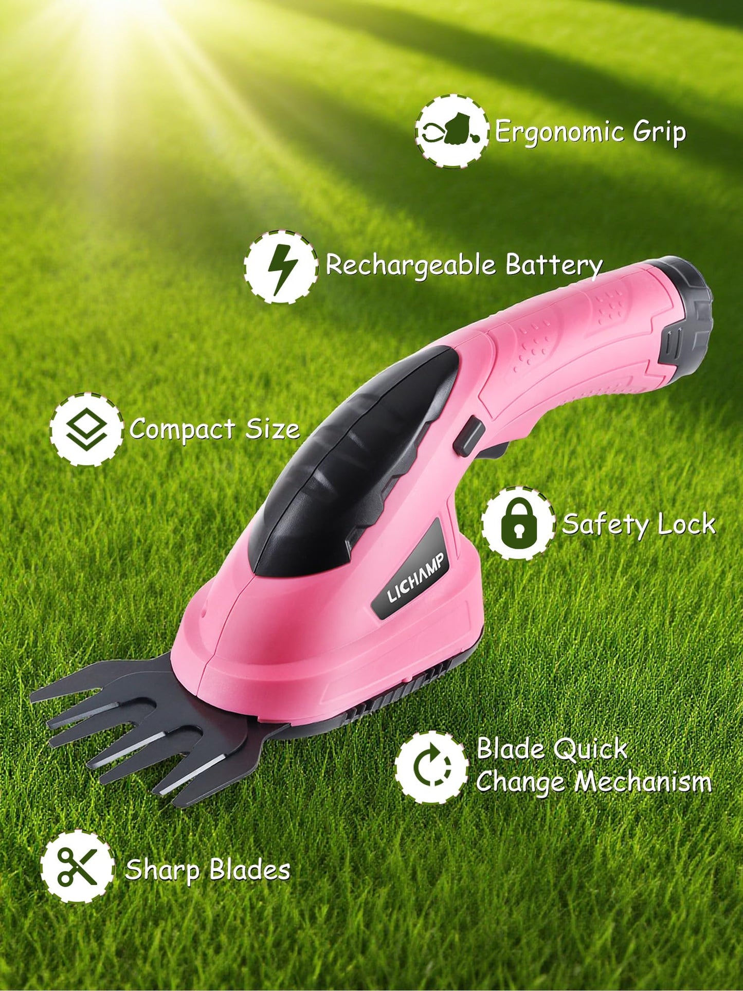 Lichamp 2-in-1 Electric Hand Held Grass Shear Pink Hedge Trimmer Shrubbery Clipper Cordless Battery Powered Rechargeable for Garden and Lawn, CGS3601PK Pink