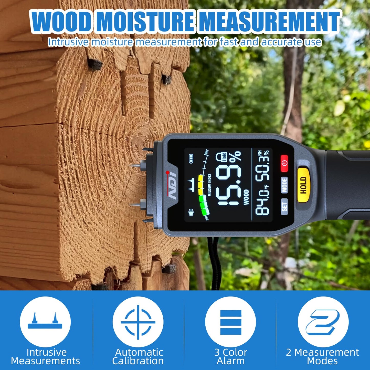 NDI 4 in 1 Pin Moisture Tester, Digital Water Tester, Wood Moisture Meter, Backlit LCD Display Automatic Alarm, Low-battery Indicator, Calibration & HOLD Button for Wood Firewood Lumber Floors