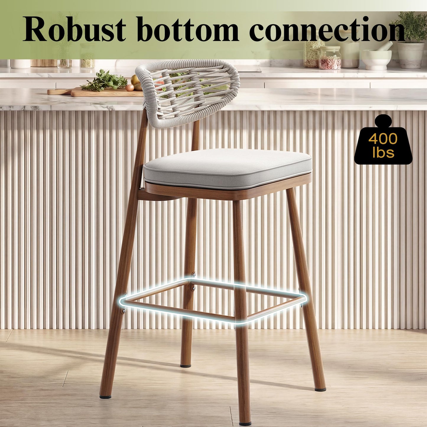Garden Story Outdoor Bar Stools Set of 2,Woven Barstools with Rattan Back,24'' Outdoor Bar Height Stools Wicker,Patio Bar Chairs Boho Bar Stool,Counter Height Bar Stool Aluminum (Teak, 24 Inch)