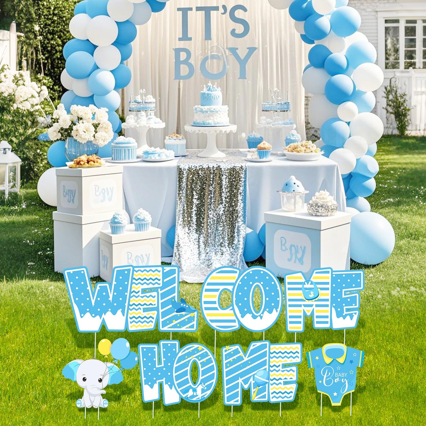 Welcome Home Baby Boy Decorations 7 Pieces Welcome Boy Yard Sign with Stakes Blue Gender Reveal Lawn Sign for Baby Shower Party Supplies Newborn Announcement Outdoor Lawn Garden Yard Decor