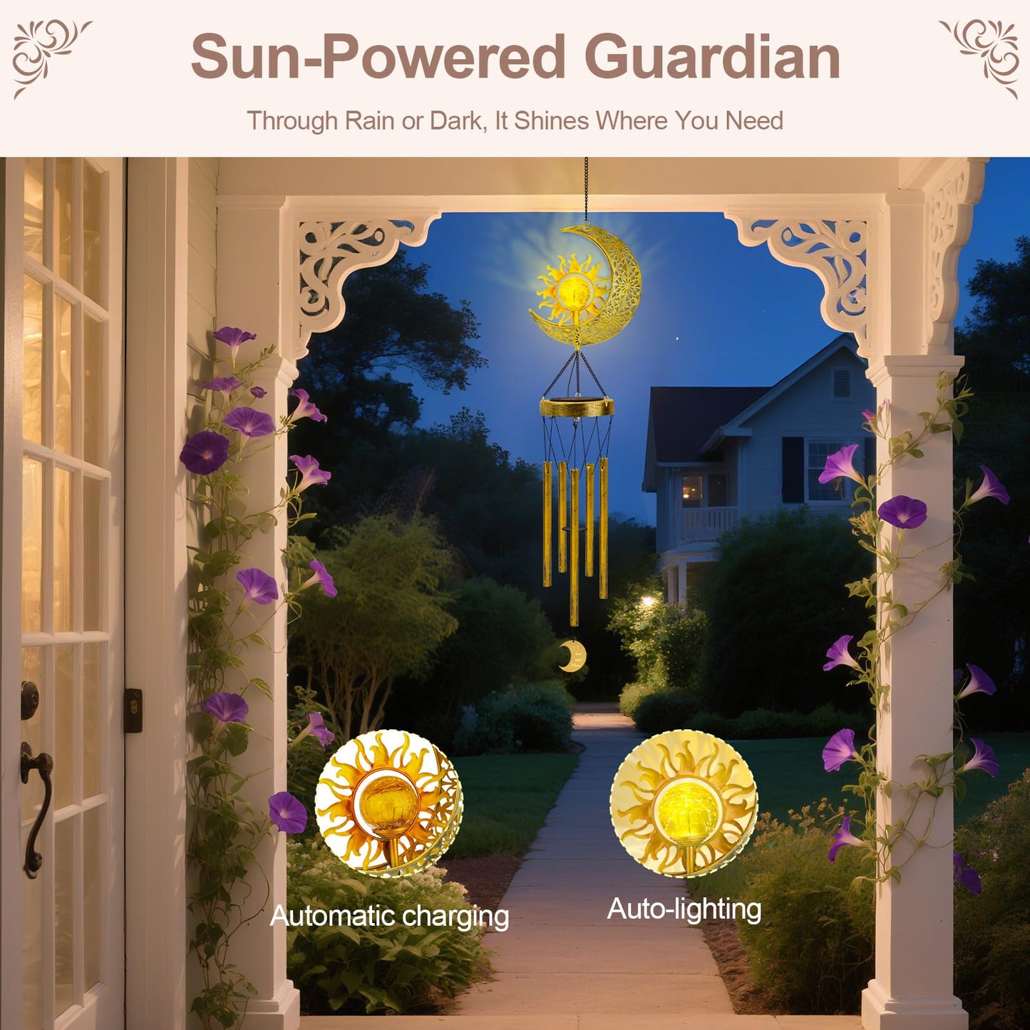 JYPS Sun Moon Solar Wind Chimes, 47-Inch Large Waterproof Windchimes for Outside with Glowing Crackle Glass Ball, Garden Patio Yard Decor Christmas Day Birthday Unique Gifts for Women Mom Grandma Wife
