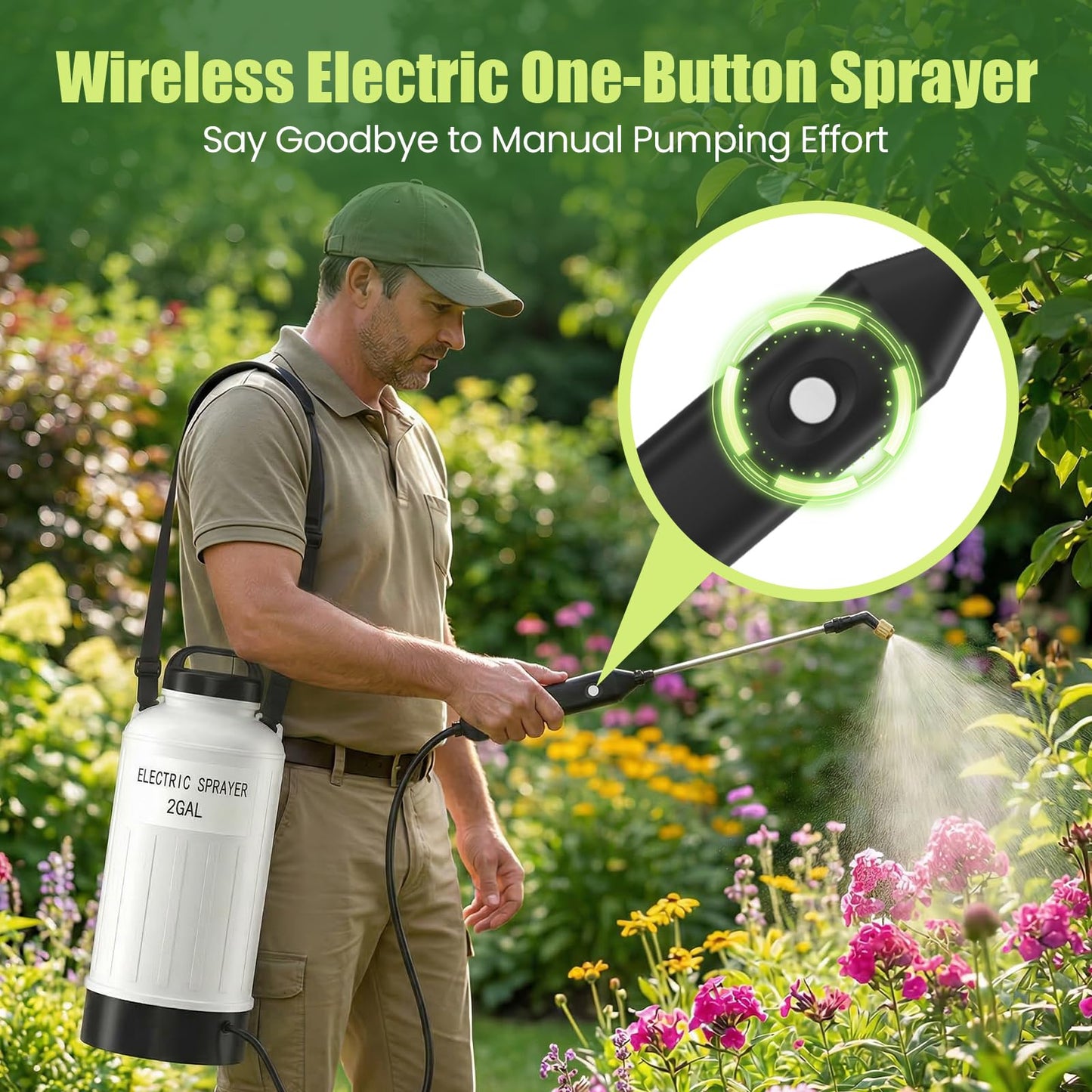 BUDSTR Electric Battery Powered Sprayer 2 Gallon, USB Rechargeable 3.7V, Leak-Proof Retractable Wand, 3 Nozzles, 3-Hour Runtime and Adjustable Shoulder Strap for Lawn, Garden and Plant Care