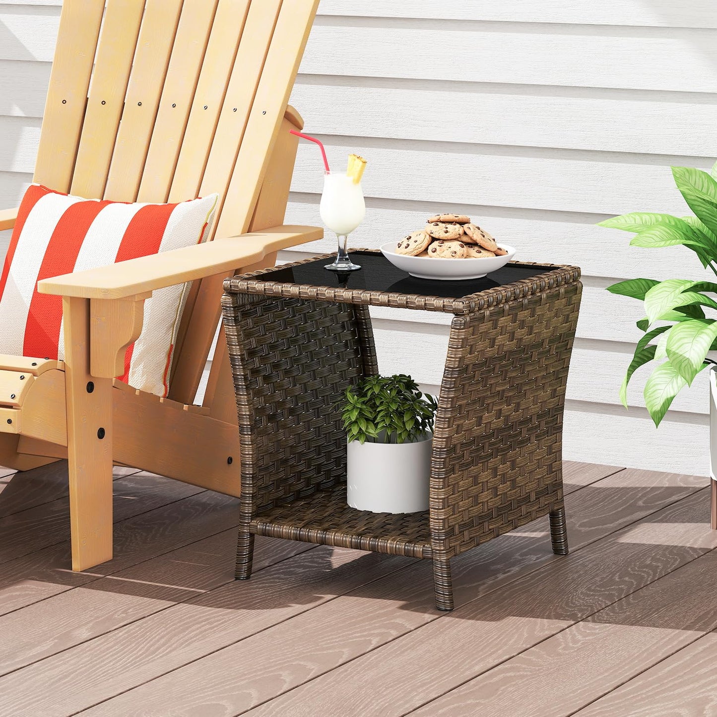 Elepude Outdoor Wicker Side Table Rattan Side Tables End Table for Patio with Glass Top Rattan Storage for Patio Garden Balcony