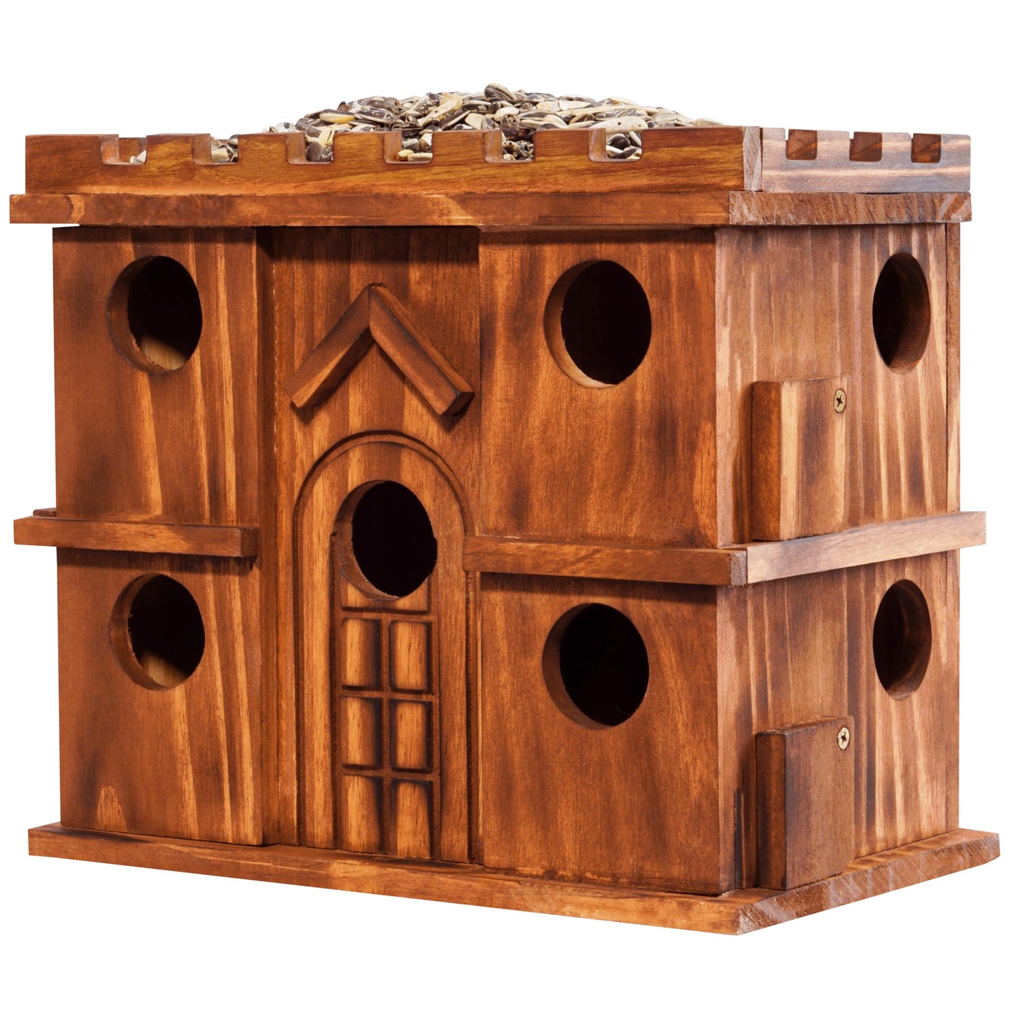 MIXUMON Wooden Bird Houses for Outside â 9 Rooms Large Bird House, Carbonized Pine Rustic Finish, 1.5" Entrance Holes, Cleaning Doors, Outdoor Birdhouse Nesting Box (Rustic, 9 Rooms)