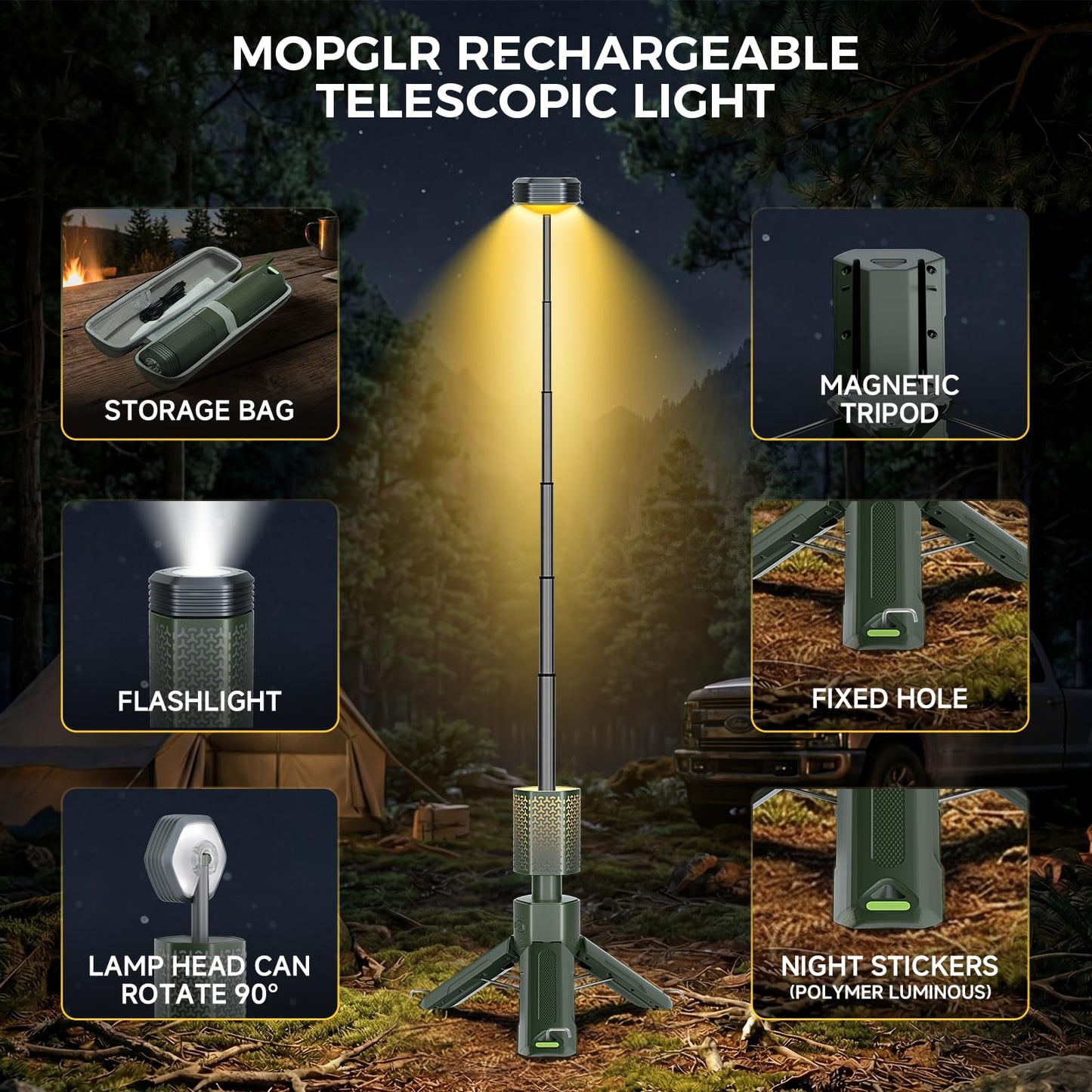 Telescopic Camping Lights, Rechargeable 10500mAh Camping Lantern with Storage Bag, Waterproof LED Camping Lamp with Magnetic, Portable Outdoor Tent Light for Camping,Hiking,Emergency,Fishing (Green)