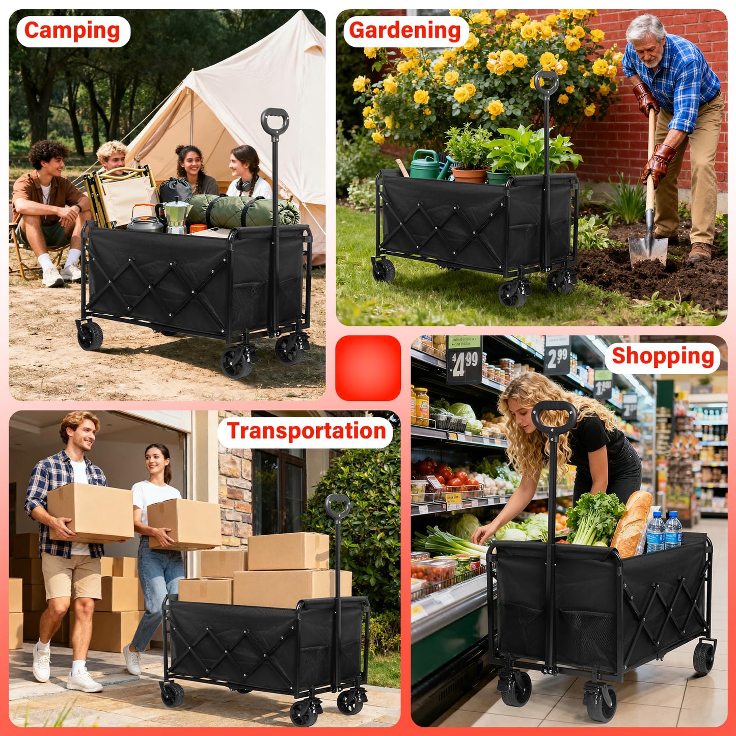 Collapsible Wagons Carts Foldable, 500LBS Heavy Duty Wagon Cart Foldable with Brakes & All-Terrain Wheels– 34'' Extra Long Folding Wagon Portable Lightweight for Camping, Beach,Sports, Shopping