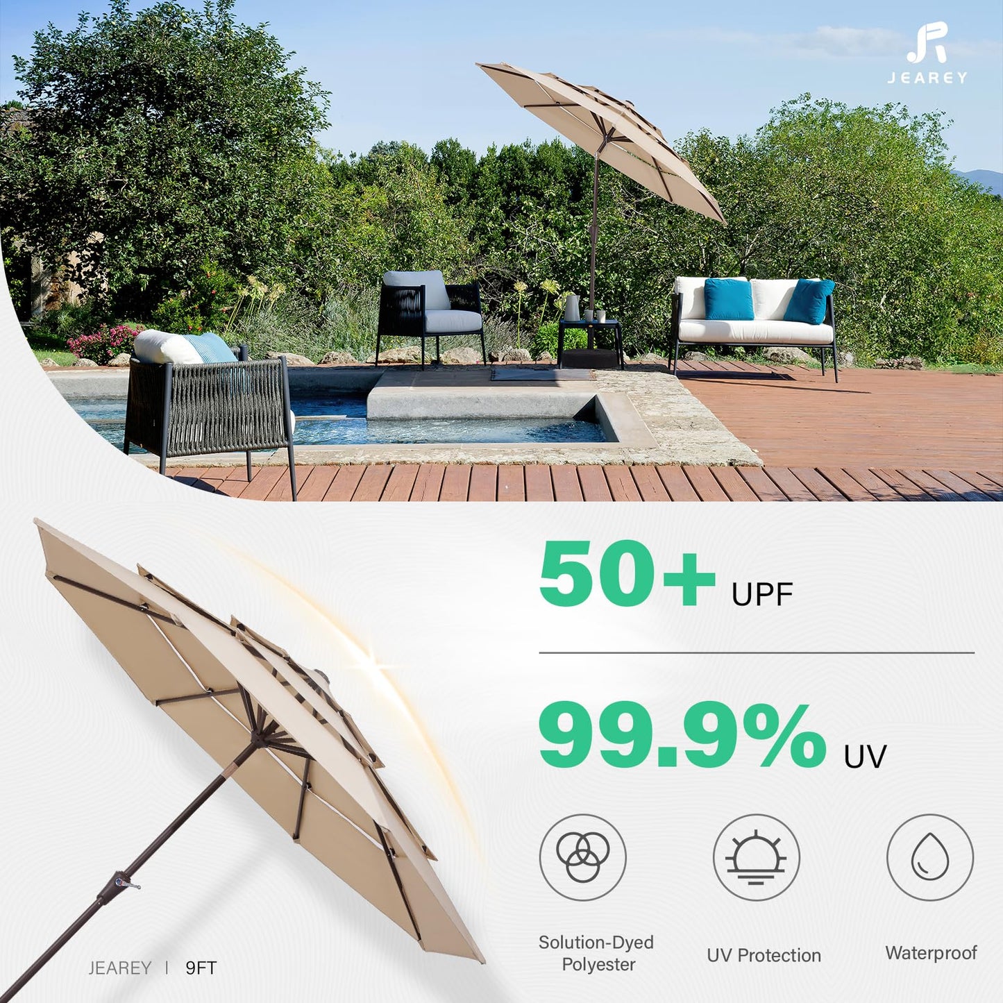 JEAREY 9FT 3 Tier Patio Umbrella Outdoor Market Umbrella Table Umbrellas with 8 Ribs 1.5 Pole Push Button Tilt and Crank UV Protection for Garden,Beige