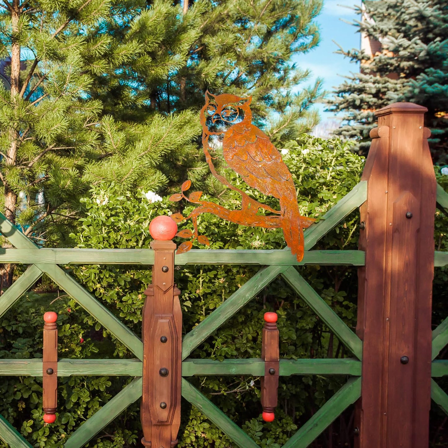 DoubleFill Rustic Copper Metal Owl Statue Outdoor Garden Decor Weather Resistant Rusty Metal Wall Art for Patio Lawn and Backyard Sculpture Gift