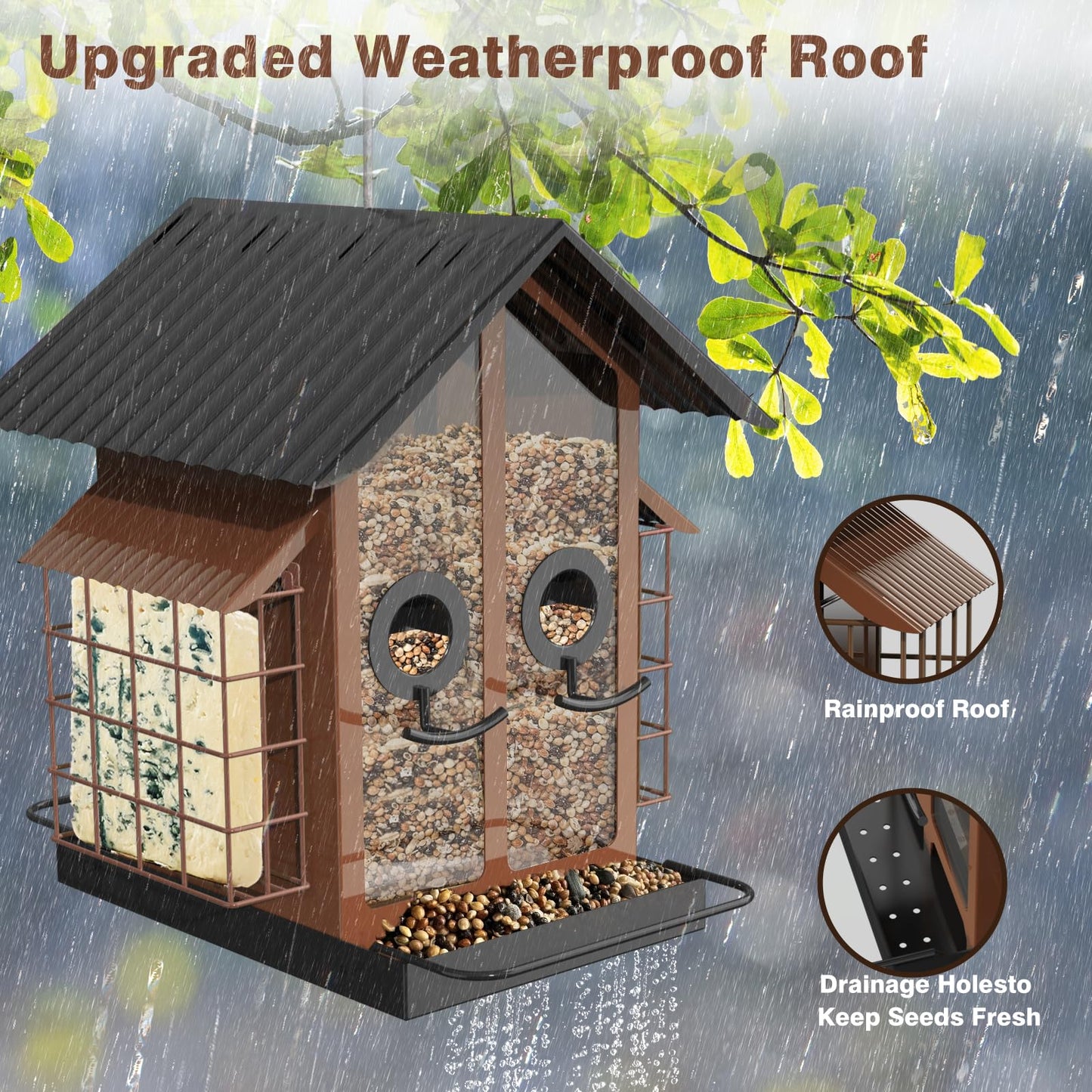 FlowaFoli Bird Feeders for Outdoors, Metal Bird Feeder with Double Suet Cage Weatherproof Metal Roof, 2 in 1 Mixed Seeds Suet Feeder, 4Lbs Large Capacity, Great for Finch、Cardinal、Chickadee(Brown)