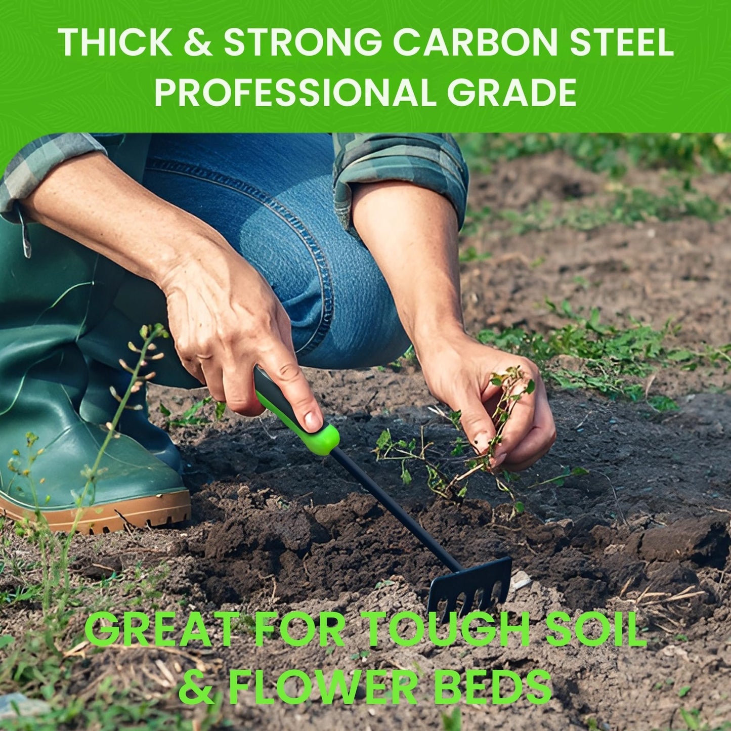 Garden Guru Hand Rake Cultivator Tiller Tool – Strong Carbon Steel for Ultimate Strength - Rust Resistant – Ergonomic Handle – Great for Gardening Cultivating Loosening Weeding Mulching Soil Prep