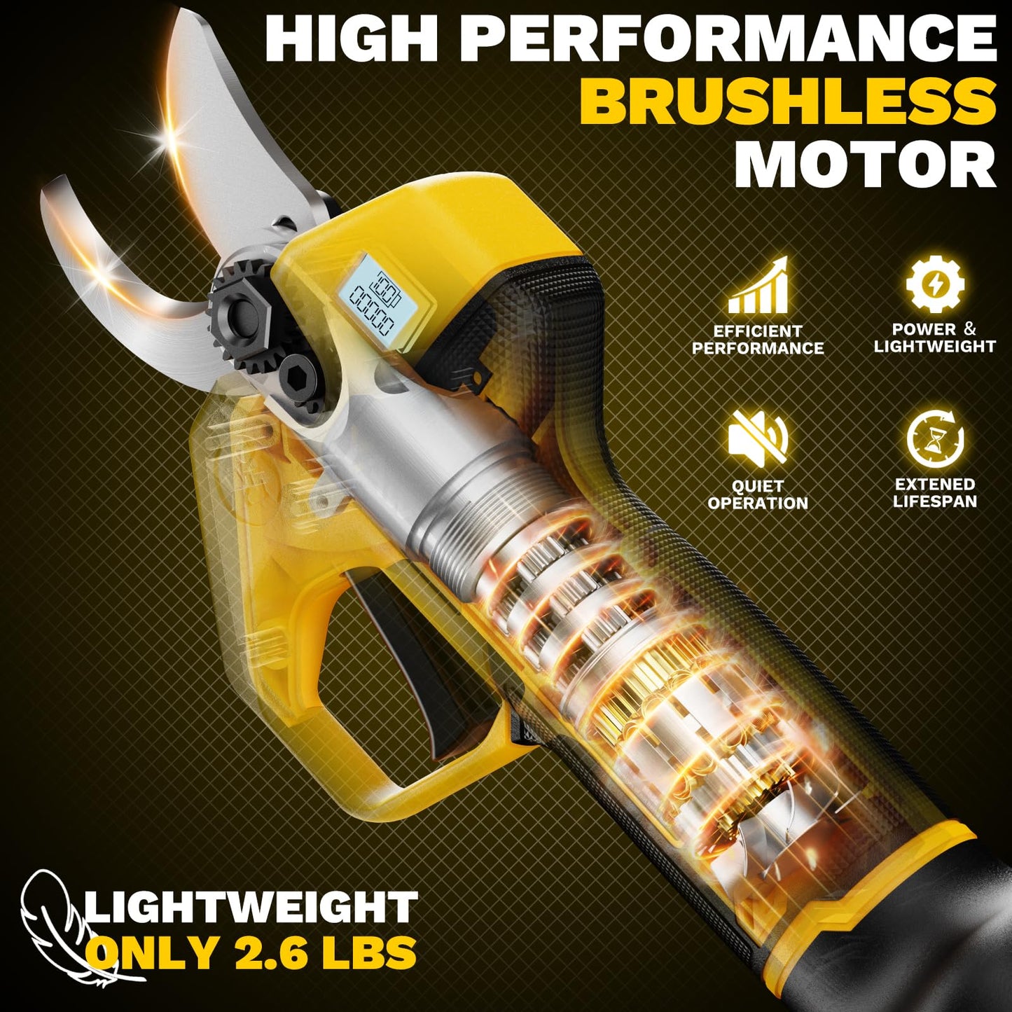Brushless Electric Pruning Shears for DeWalt Battery, Portable Cordless Pruning Shears with LCD Display&SK5 Blades, Adjustable Cutting Diameter 0.8-1.2 Inch for Gardening Tree Pruning(NO Battery)