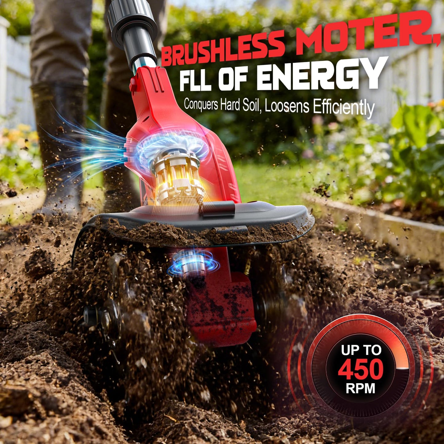 Cordless Tiller Cultivator Compatible with Milwaukee 18V Battery(Tool Only), 450RPM Electric Tiller for Gardening, 9"x6.3" Tilling, 48 Reinforced Steel Tines Rototiller for Lawn/Soil Cultivation