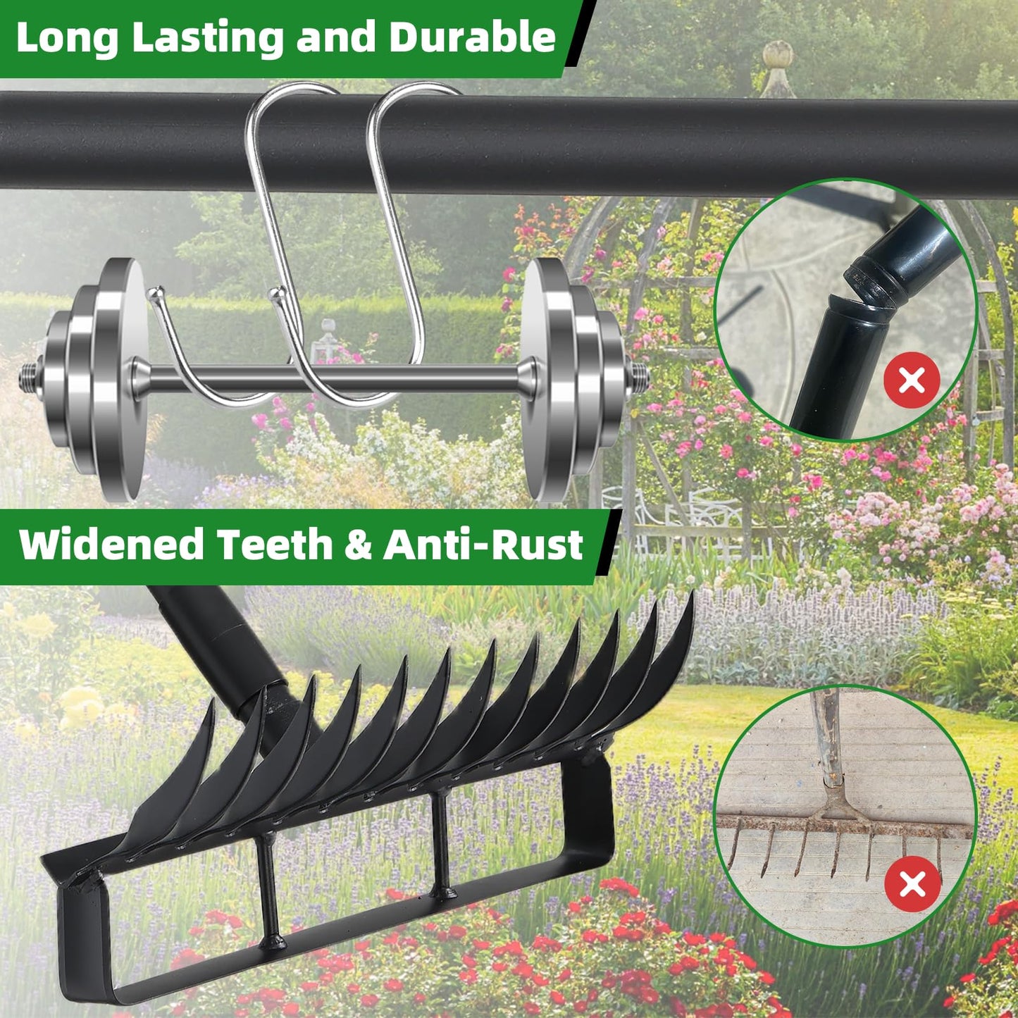 76.8" Garden Hoe and 12 Tines Rake 2-in-1 Garden Tool for Weeding, Garden Cultivator with Adjustable Long Handle Heavy Duty Weed Puller Stirrup Hoe for Ditching, Seeding, Loosening Soil