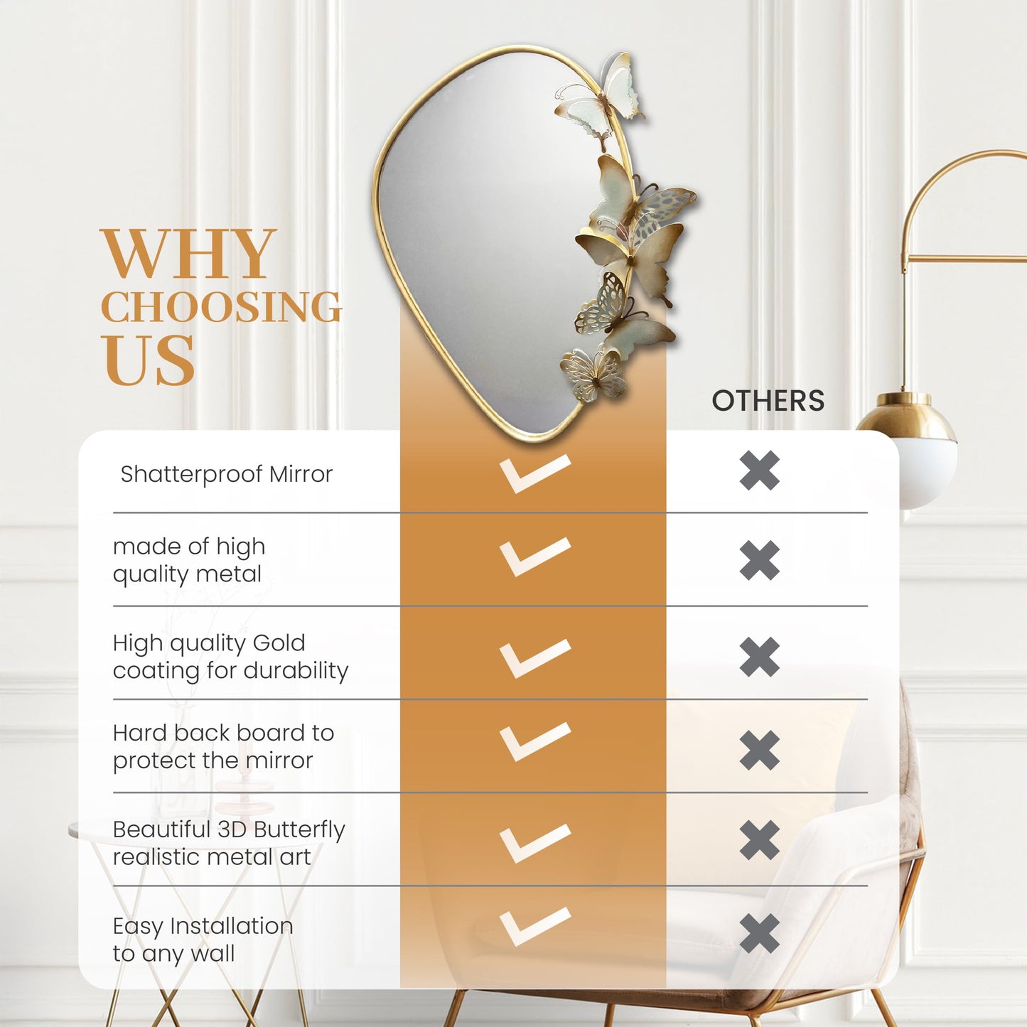 Decorative Wall Mirror with Butterfly Design, Gold Frame, Irregular Shape Perfect for Living Room, entryways, Bathroom, Home Decor