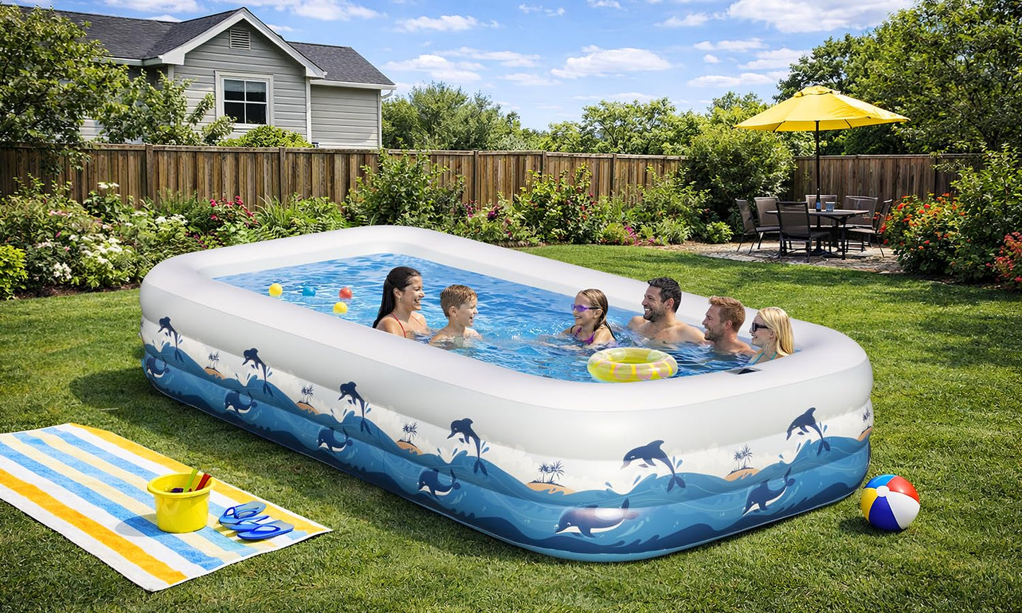 Extra Large Inflatable Pool with Lights - 145" x 74" x 22" Swimming Pool for Adults with Solar Powered, Blow Up Pool for Backyard (Air Pump Not Included)