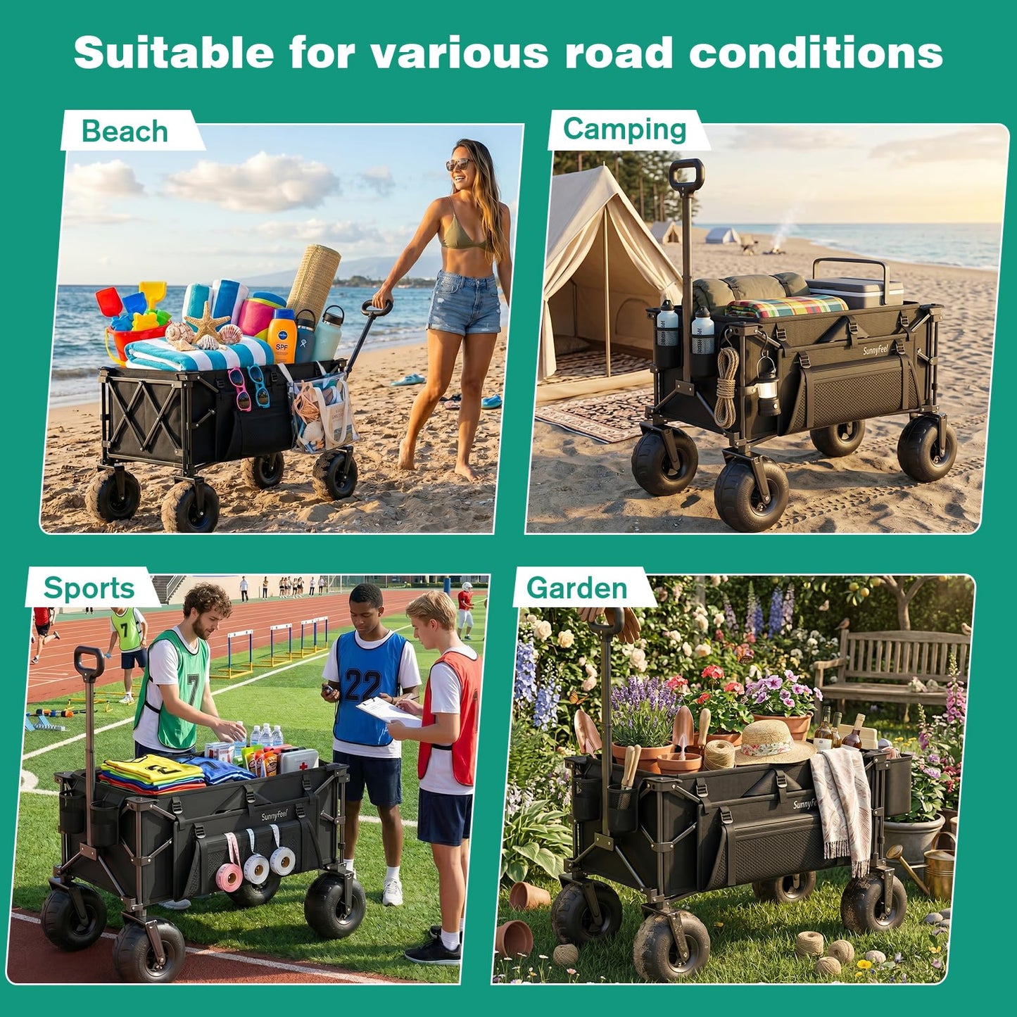 SUNNYFEEL Collapsible Beach Wagon with 9" Balloon Wheels, 300L Beach Cart with Big Wheels for Sand, 550LBS Heavy Duty Folding Wagon Cart with Adjustable Handle for Camping, Garden, Outdoor, Black
